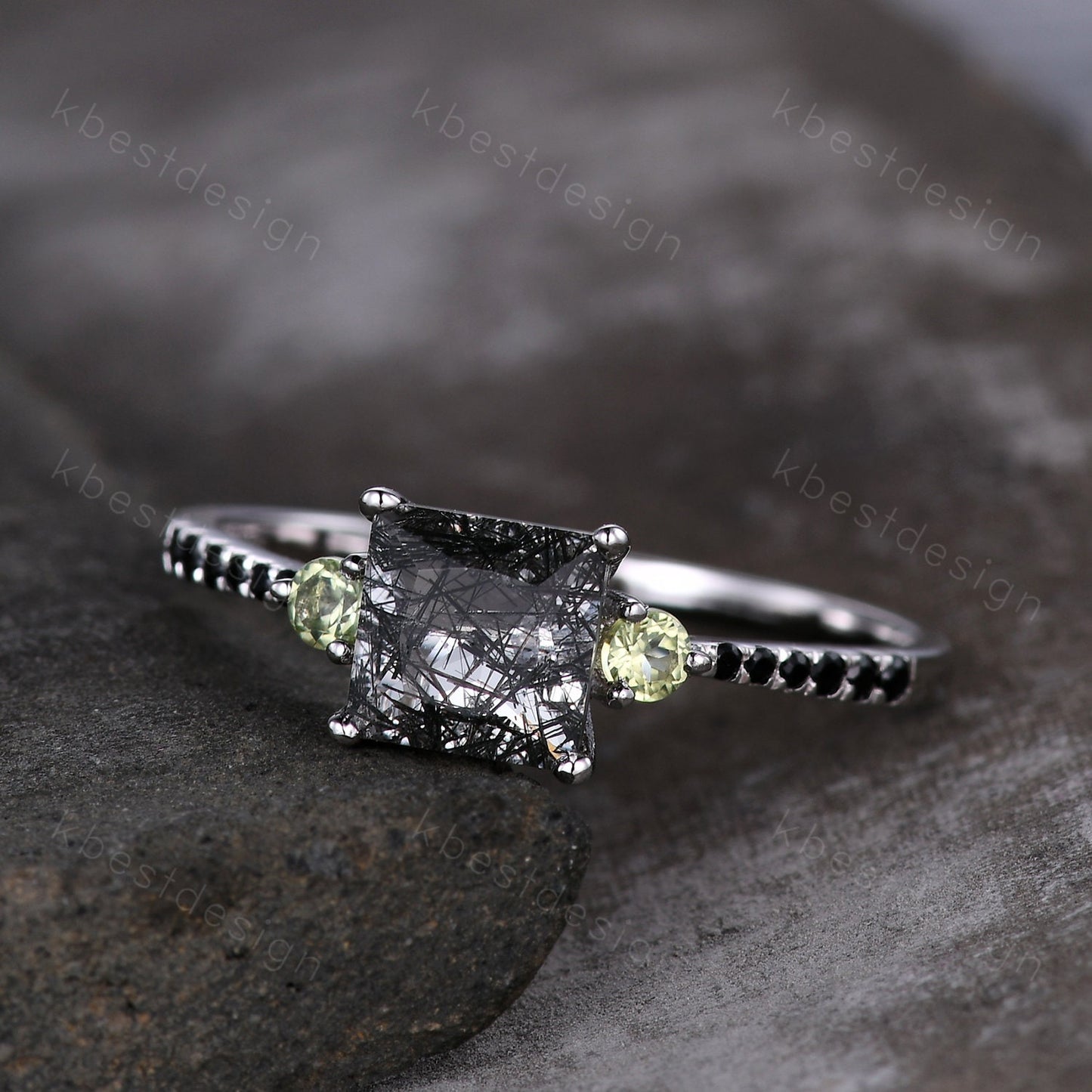 Princess Cut Natural Black Rutilated Quartz Engagement Ring Unique Green Peridot Ring Sterling Silver Ring Three stone ring Promise Ring