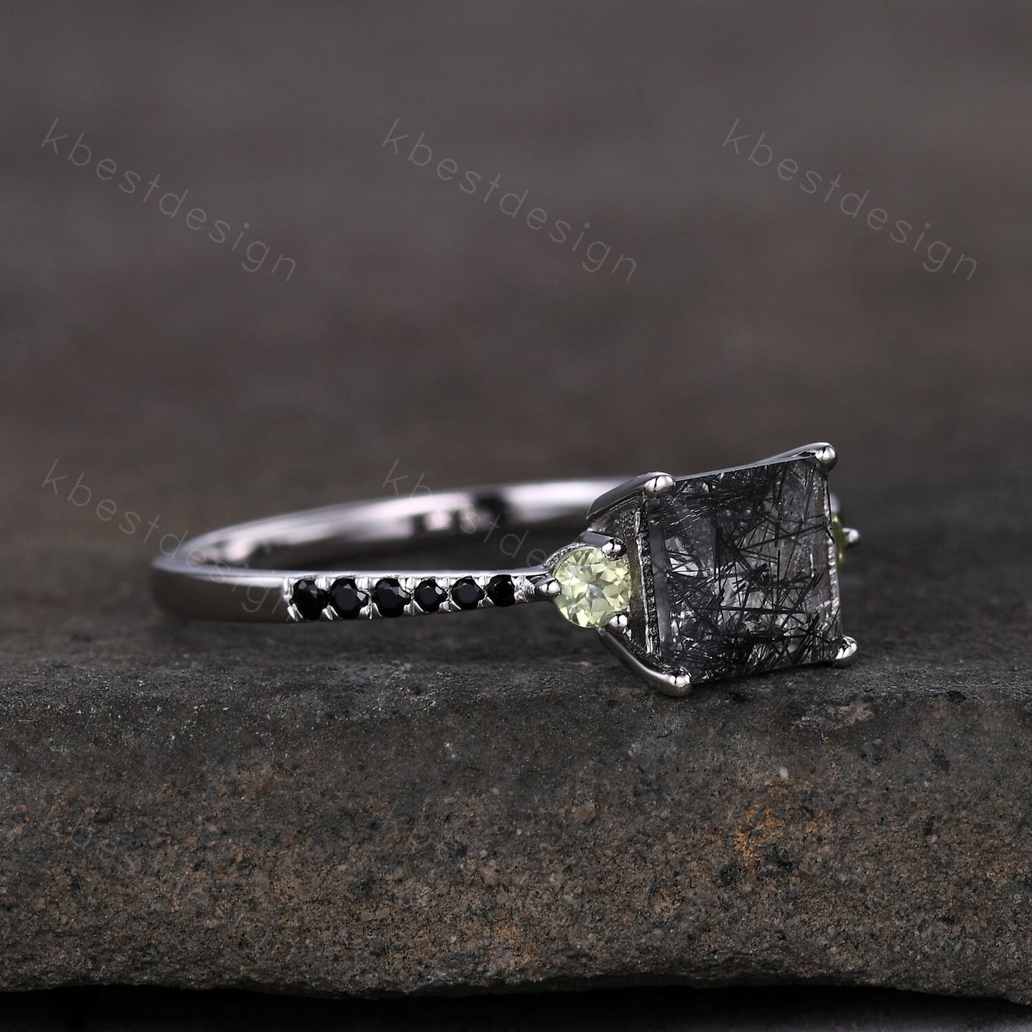 Princess Cut Natural Black Rutilated Quartz Engagement Ring Unique Green Peridot Ring Sterling Silver Ring Three stone ring Promise Ring