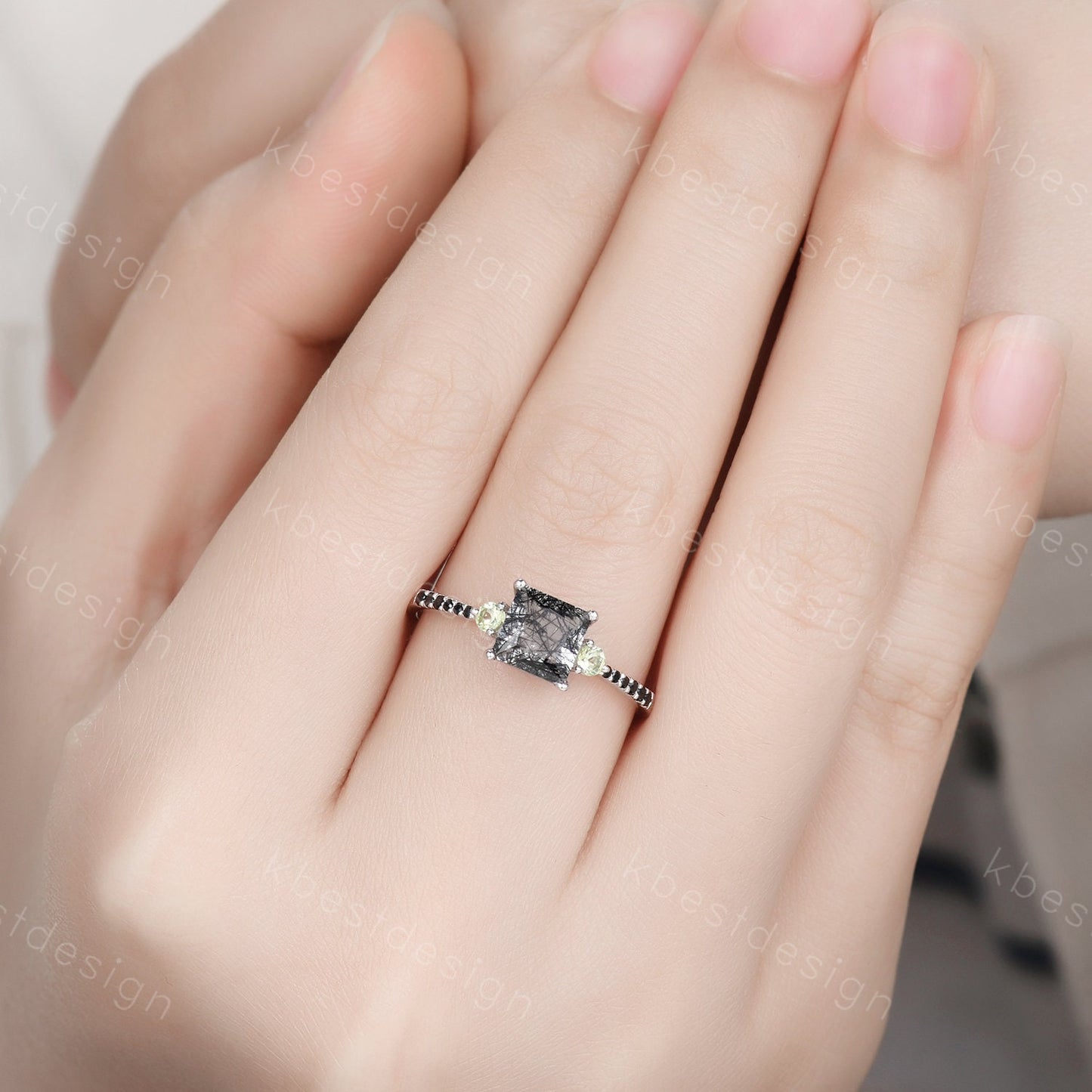 Princess Cut Natural Black Rutilated Quartz Engagement Ring Unique Green Peridot Ring Sterling Silver Ring Three stone ring Promise Ring