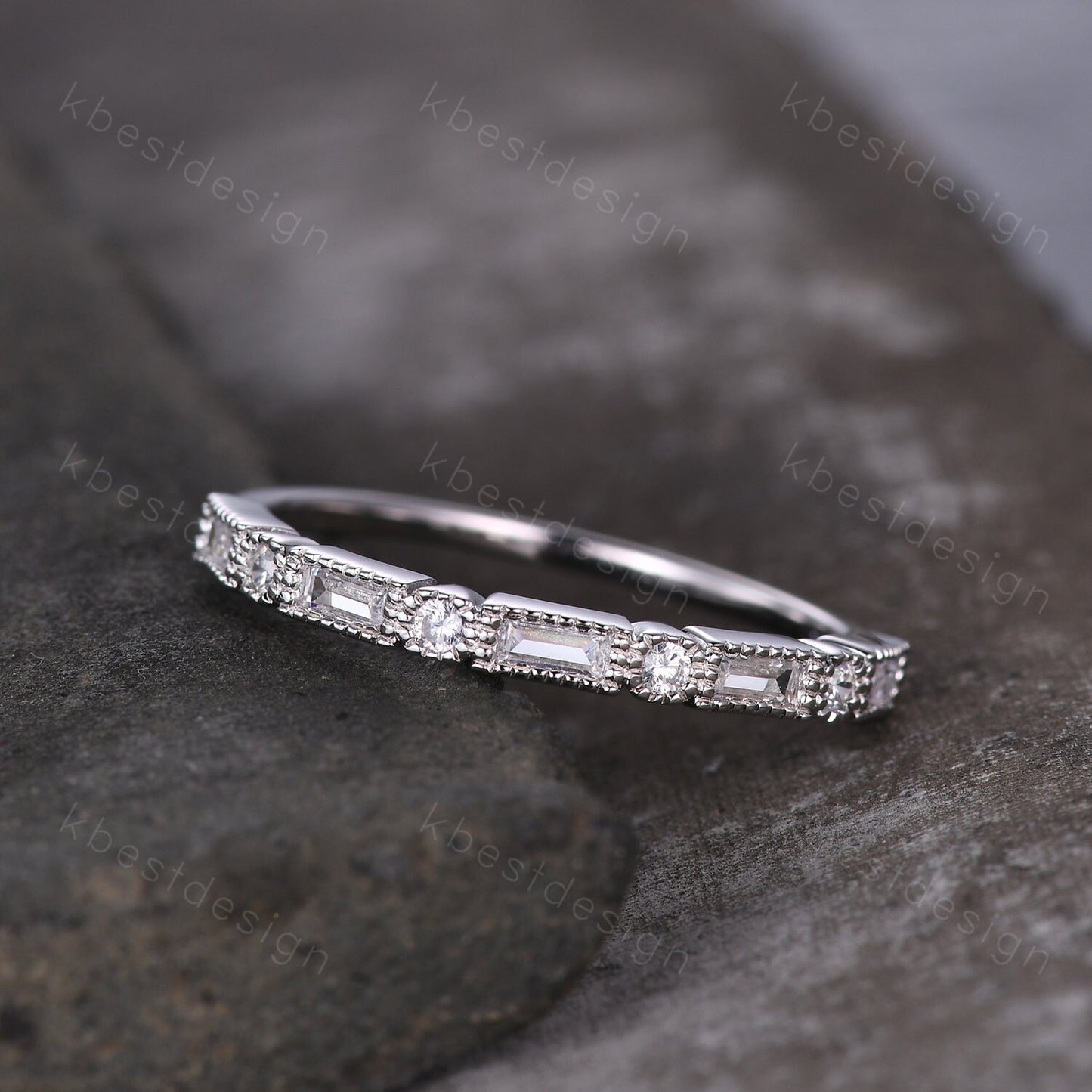 Baguette cut Moissanite wedding band unique art deco half eternity band for women wedding stacking matching band anniversary gift for her