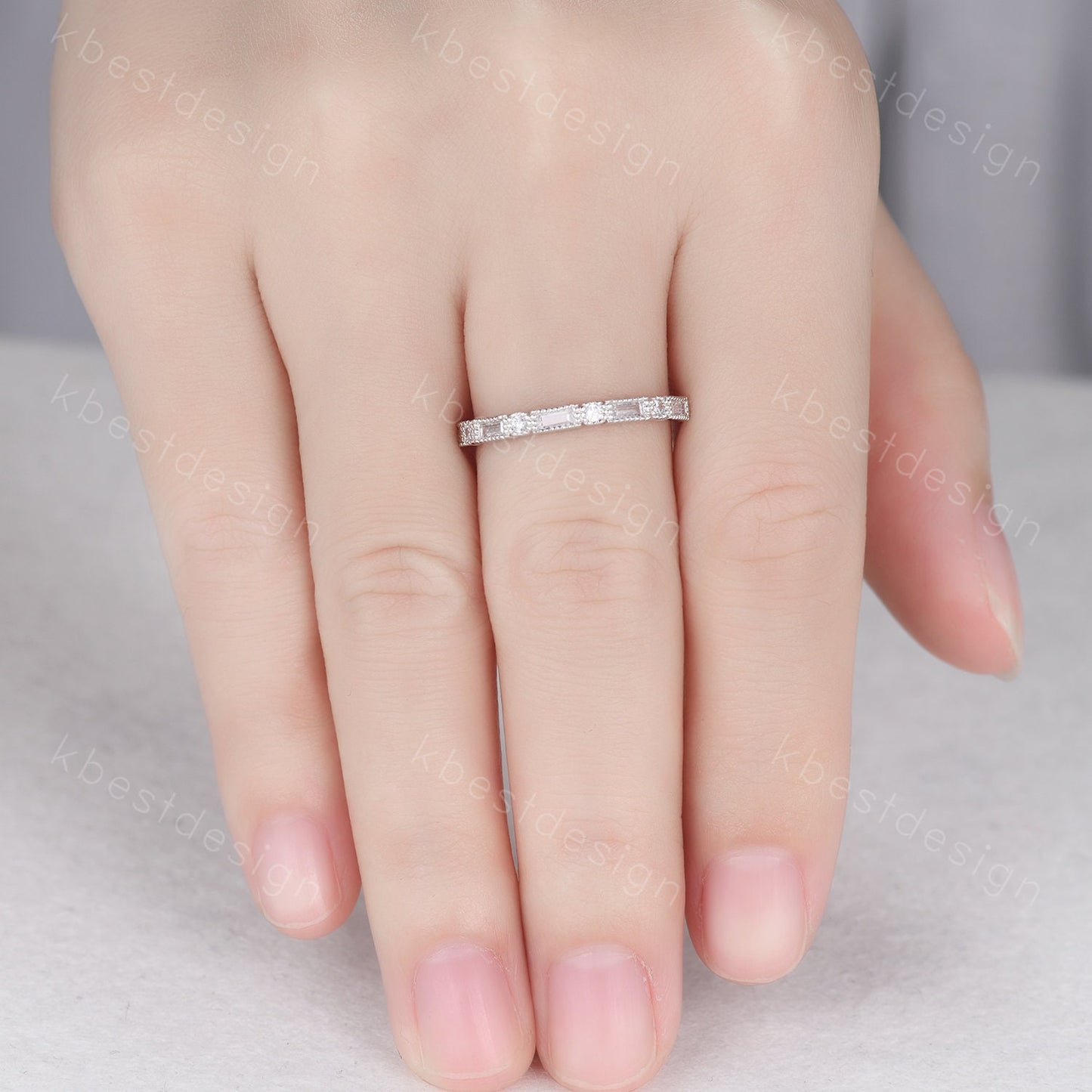 Baguette cut Moissanite wedding band unique art deco half eternity band for women wedding stacking matching band anniversary gift for her