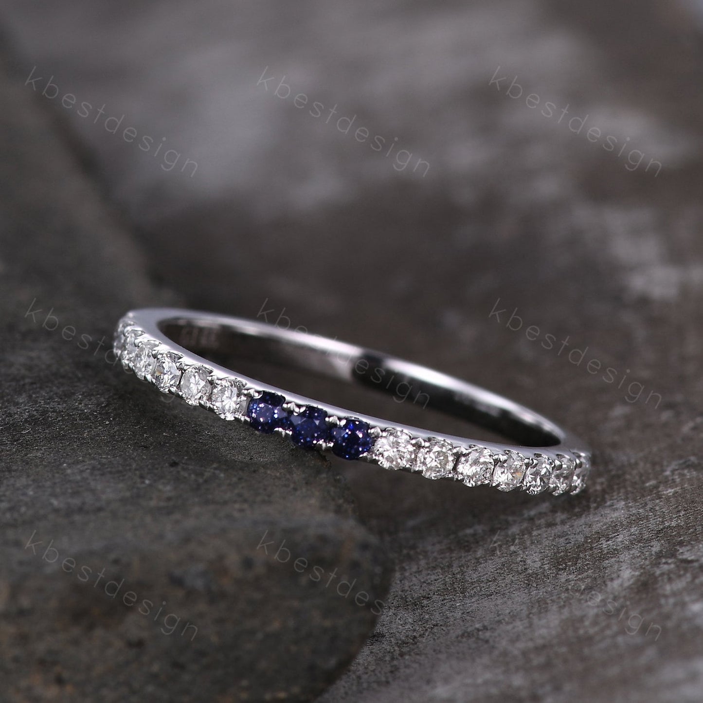 Dainty blue sandstone Moissanite wedding band 1.5mm half eternity band women silver stacking matching band minimalist bridal wedding ring