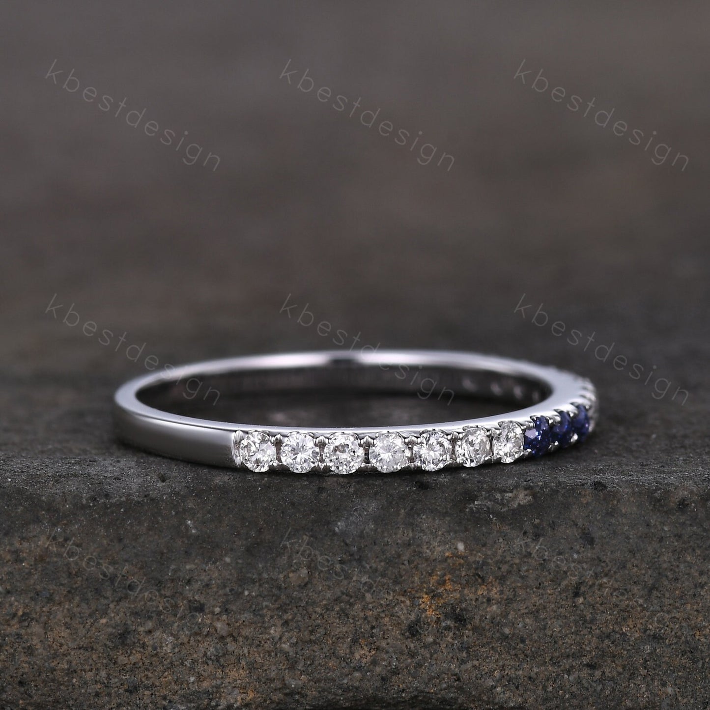 Dainty blue sandstone Moissanite wedding band 1.5mm half eternity band women silver stacking matching band minimalist bridal wedding ring