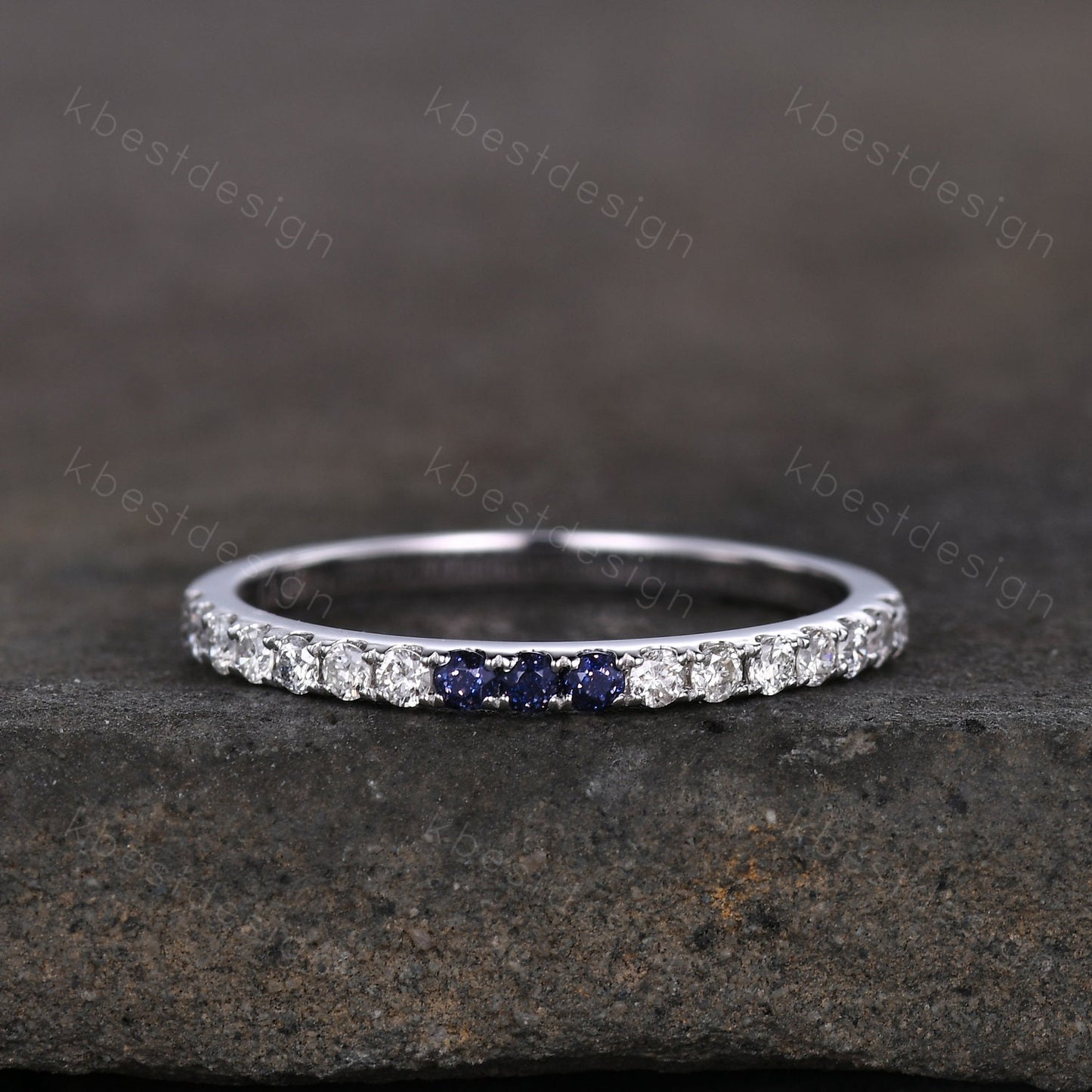 Dainty blue sandstone Moissanite wedding band 1.5mm half eternity band women silver stacking matching band minimalist bridal wedding ring