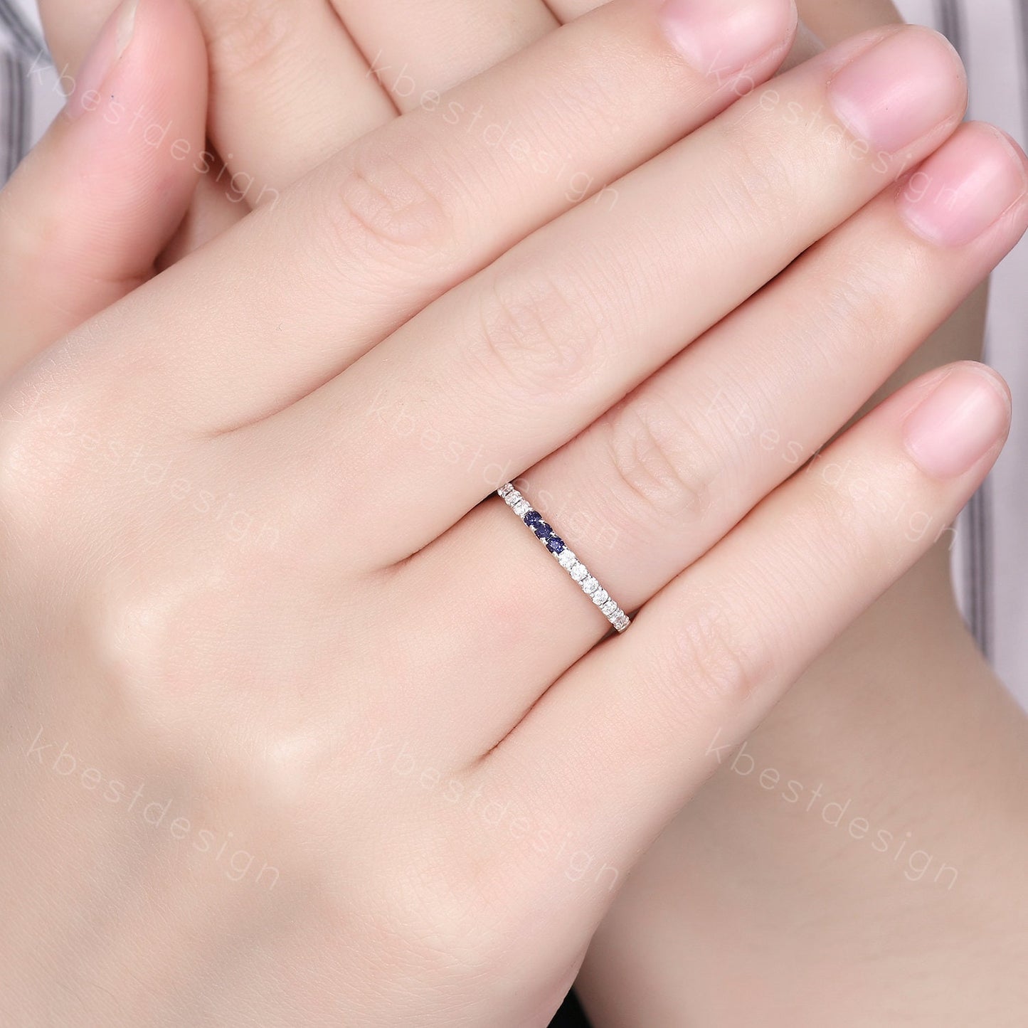 Dainty blue sandstone Moissanite wedding band 1.5mm half eternity band women silver stacking matching band minimalist bridal wedding ring