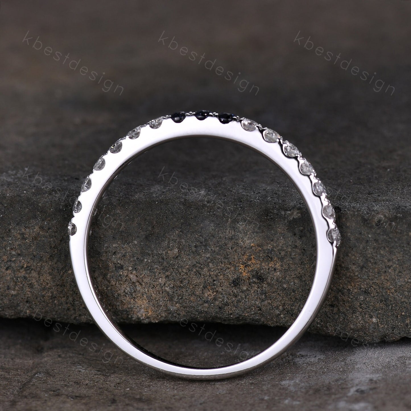 Dainty blue sandstone Moissanite wedding band 1.5mm half eternity band women silver stacking matching band minimalist bridal wedding ring