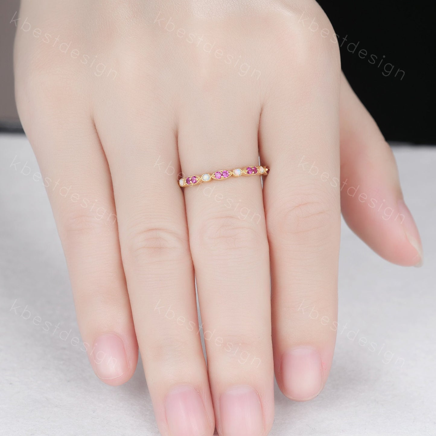 Ruby Opal Wedding Band, Half Eternity Wedding Band, Art Deco Stacking Band, Opal Wedding Ring, Ruby Ring, Anniversary Gift, Yellow gold ring