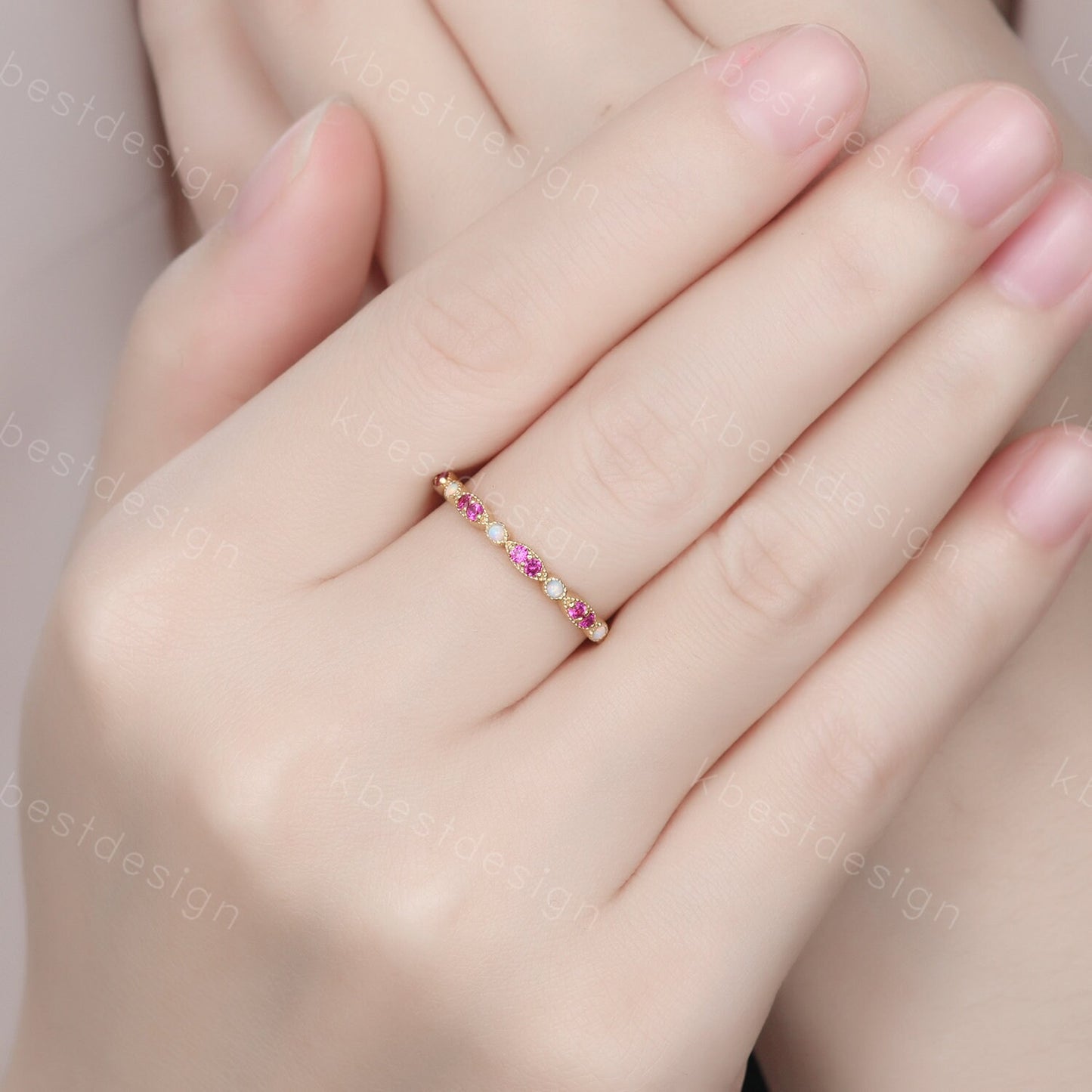 Ruby Opal Wedding Band, Half Eternity Wedding Band, Art Deco Stacking Band, Opal Wedding Ring, Ruby Ring, Anniversary Gift, Yellow gold ring