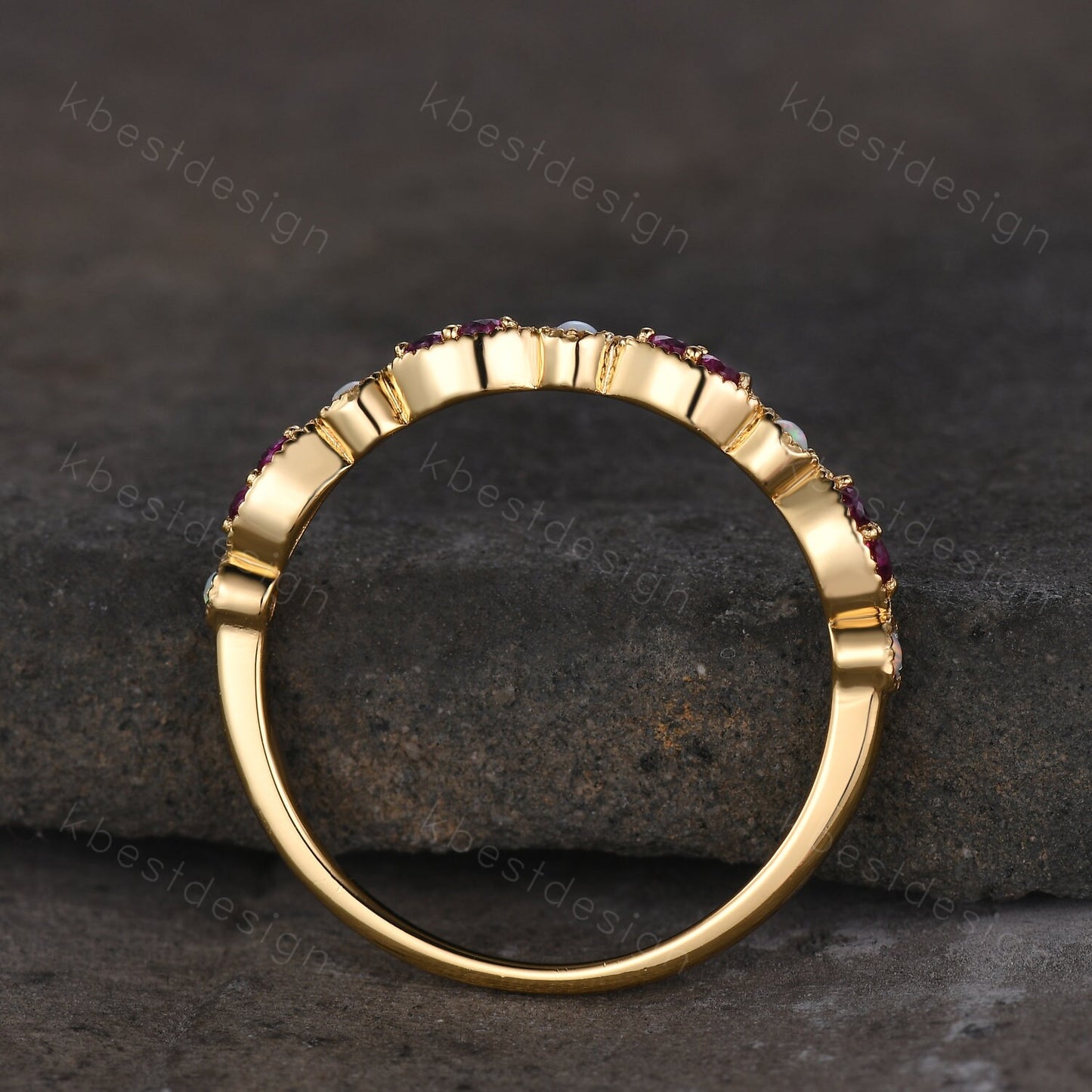 Ruby Opal Wedding Band, Half Eternity Wedding Band, Art Deco Stacking Band, Opal Wedding Ring, Ruby Ring, Anniversary Gift, Yellow gold ring
