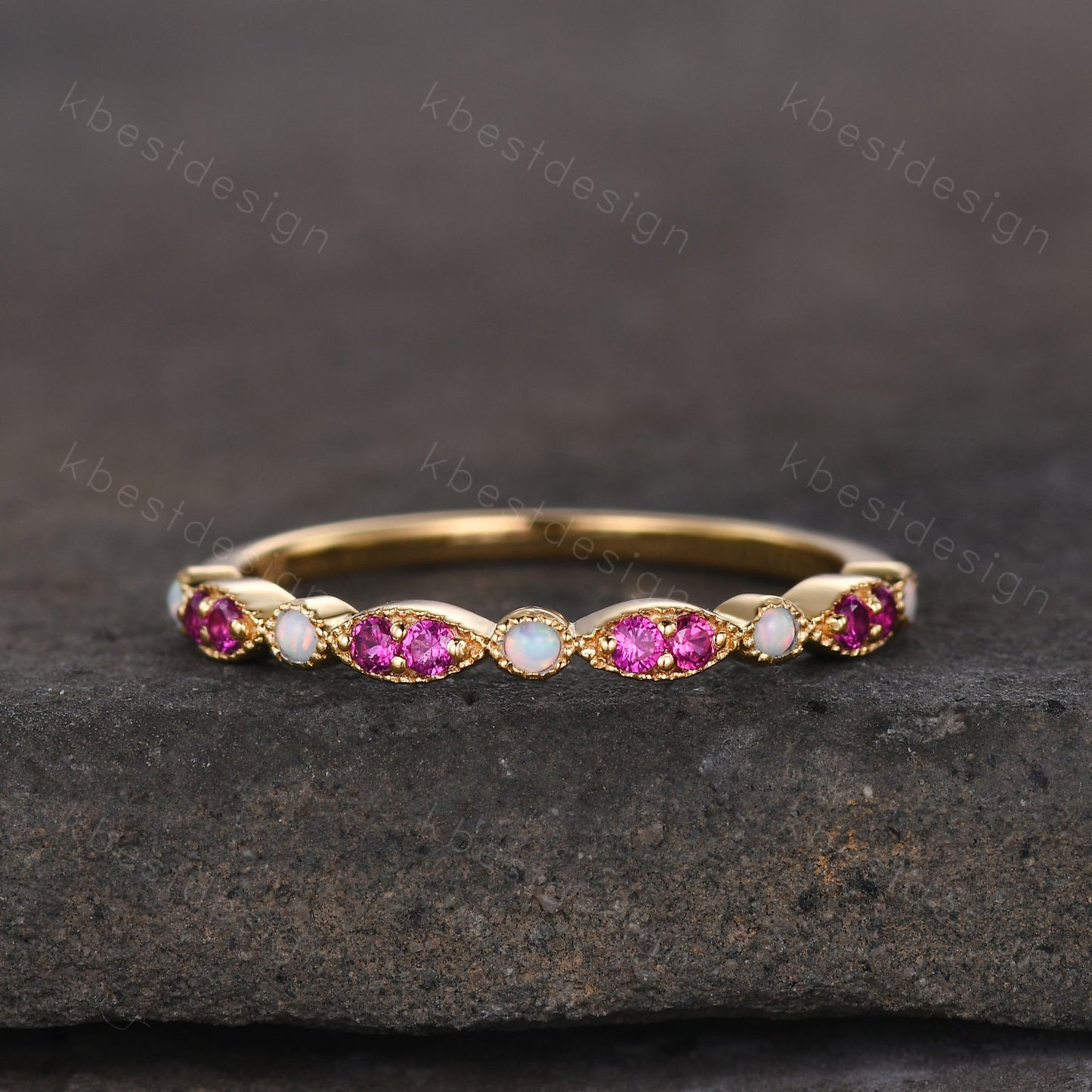 Ruby Opal Wedding Band, Half Eternity Wedding Band, Art Deco Stacking Band, Opal Wedding Ring, Ruby Ring, Anniversary Gift, Yellow gold ring
