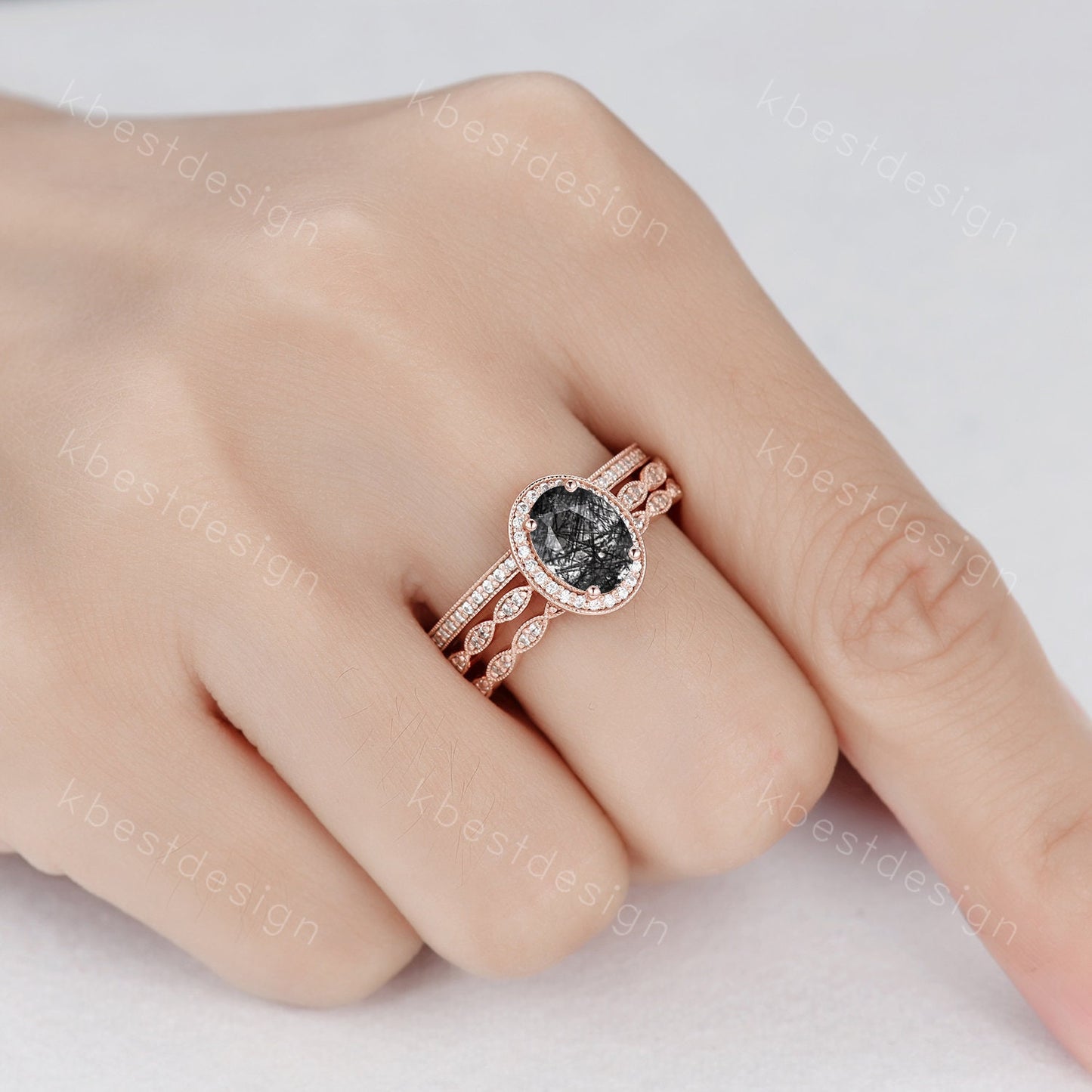 Vintage black rutilated quartz engagement ring 14k rose gold oval cut ring art deco moissanite stacking bands unique bridal wedding ring set