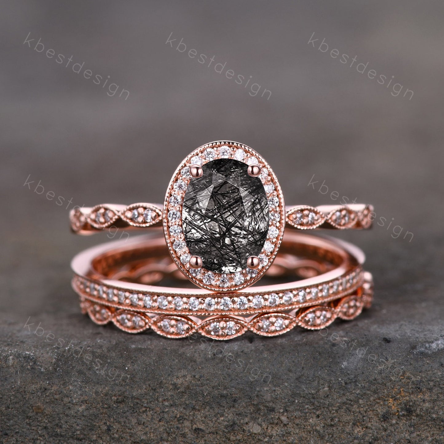 Vintage black rutilated quartz engagement ring 14k rose gold oval cut ring art deco moissanite stacking bands unique bridal wedding ring set