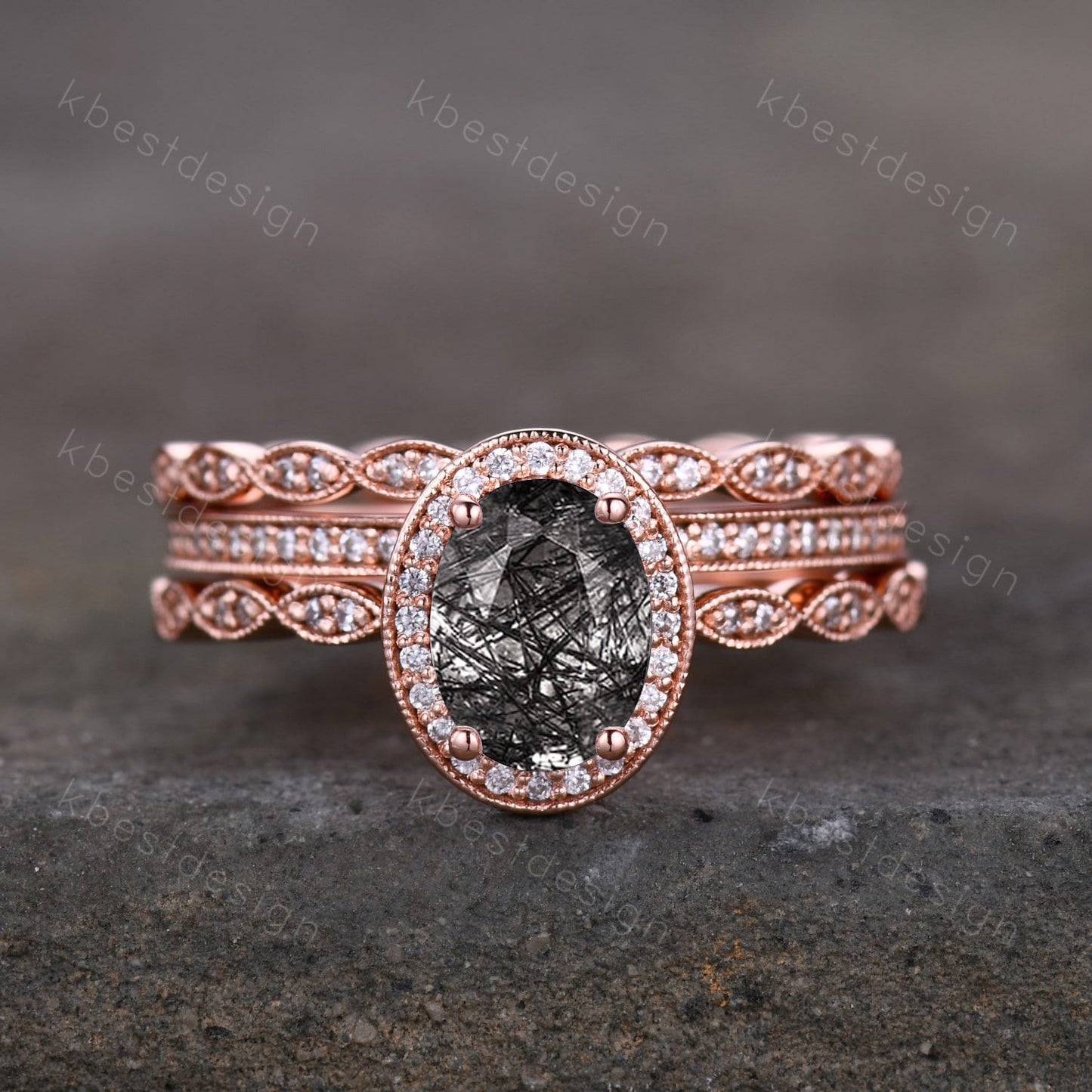 Vintage black rutilated quartz engagement ring 14k rose gold oval cut ring art deco moissanite stacking bands unique bridal wedding ring set