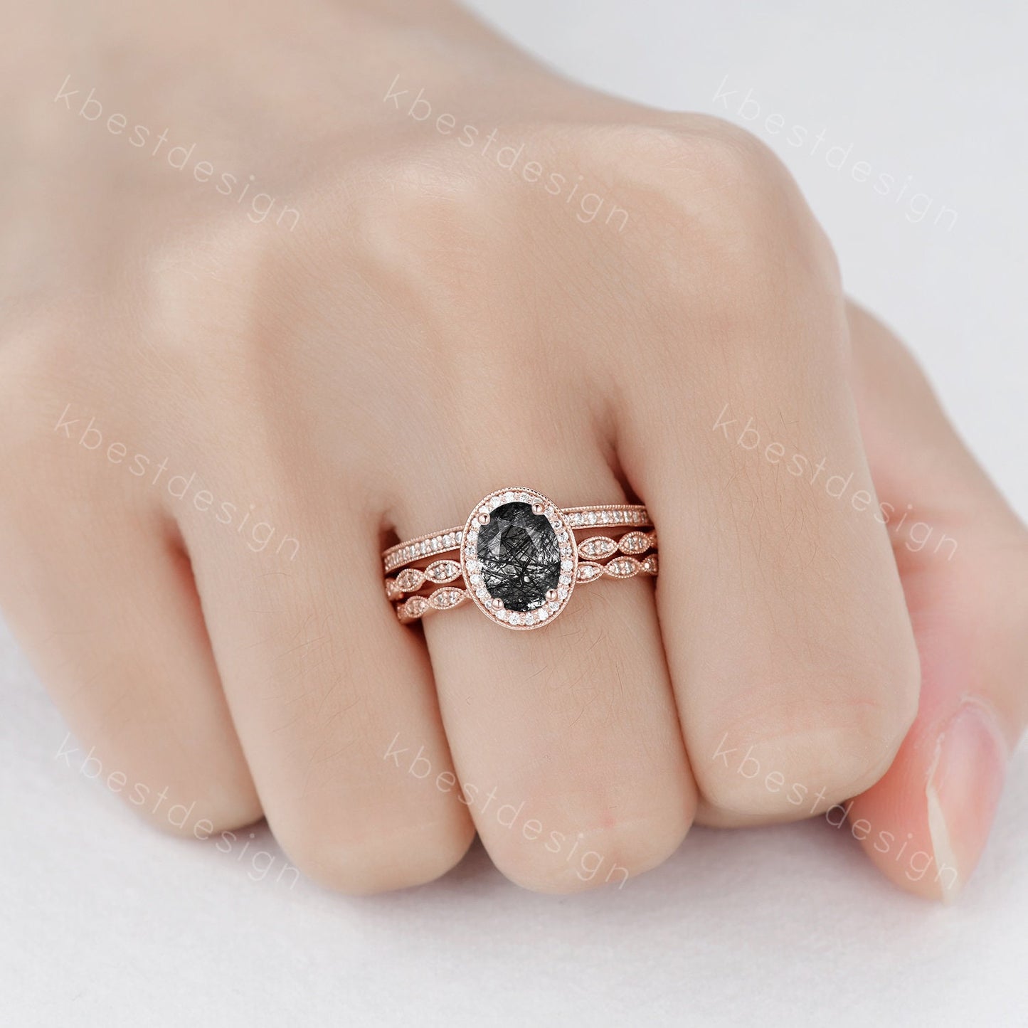 Vintage black rutilated quartz engagement ring 14k rose gold oval cut ring art deco moissanite stacking bands unique bridal wedding ring set