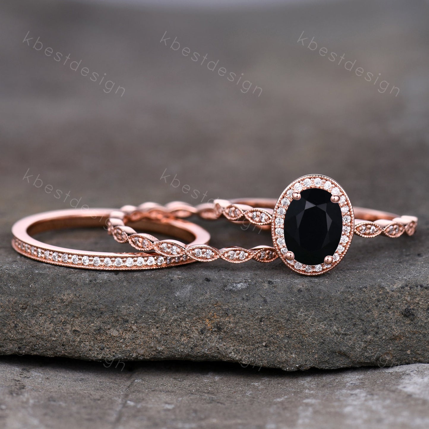 Vintage Unique oval cut Black Onyx engagement ring set rose gold ring set moissanite ring set art deco bridal wedding ring Promise gift