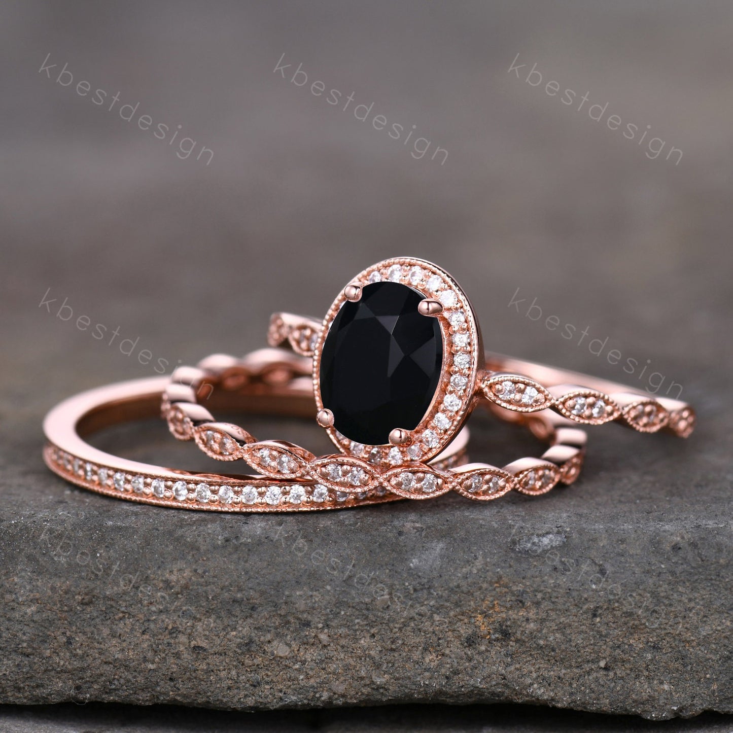 Vintage Unique oval cut Black Onyx engagement ring set rose gold ring set moissanite ring set art deco bridal wedding ring Promise gift