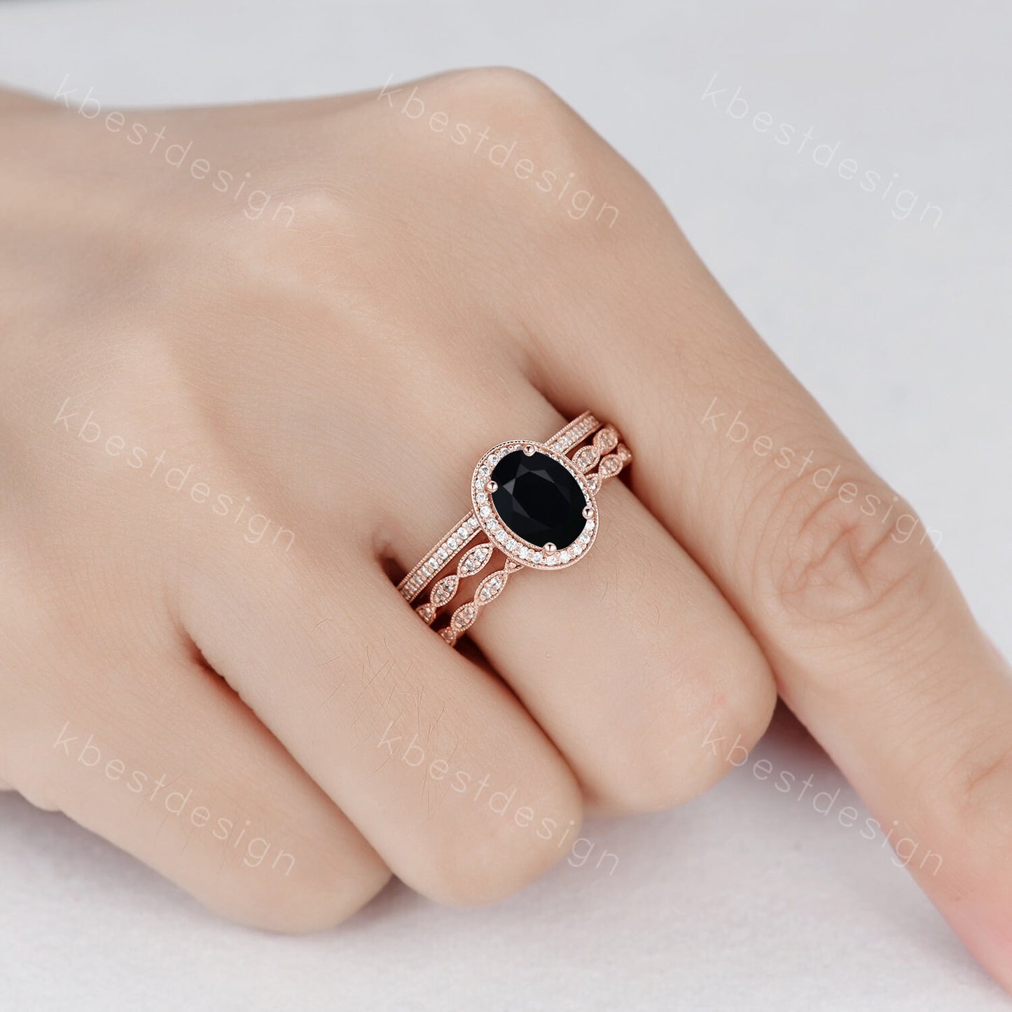 Vintage Unique oval cut Black Onyx engagement ring set rose gold ring set moissanite ring set art deco bridal wedding ring Promise gift