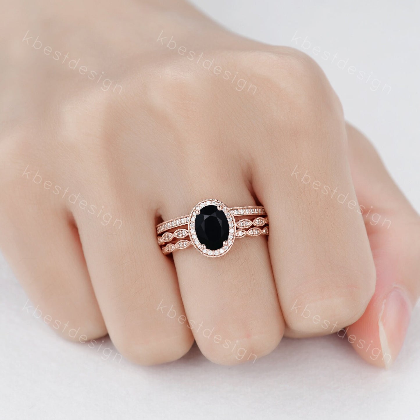Vintage Unique oval cut Black Onyx engagement ring set rose gold ring set moissanite ring set art deco bridal wedding ring Promise gift