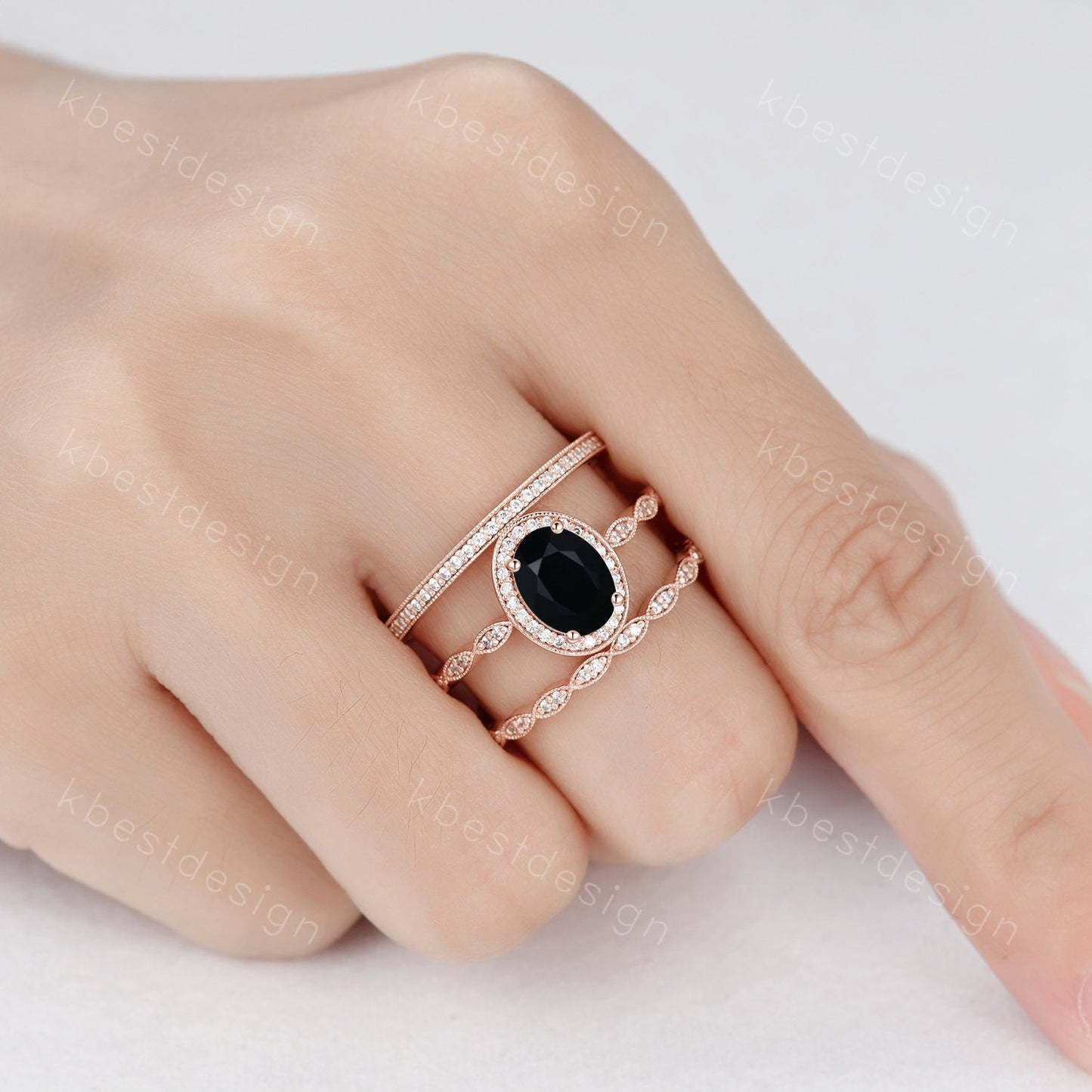 Vintage Unique oval cut Black Onyx engagement ring set rose gold ring set moissanite ring set art deco bridal wedding ring Promise gift