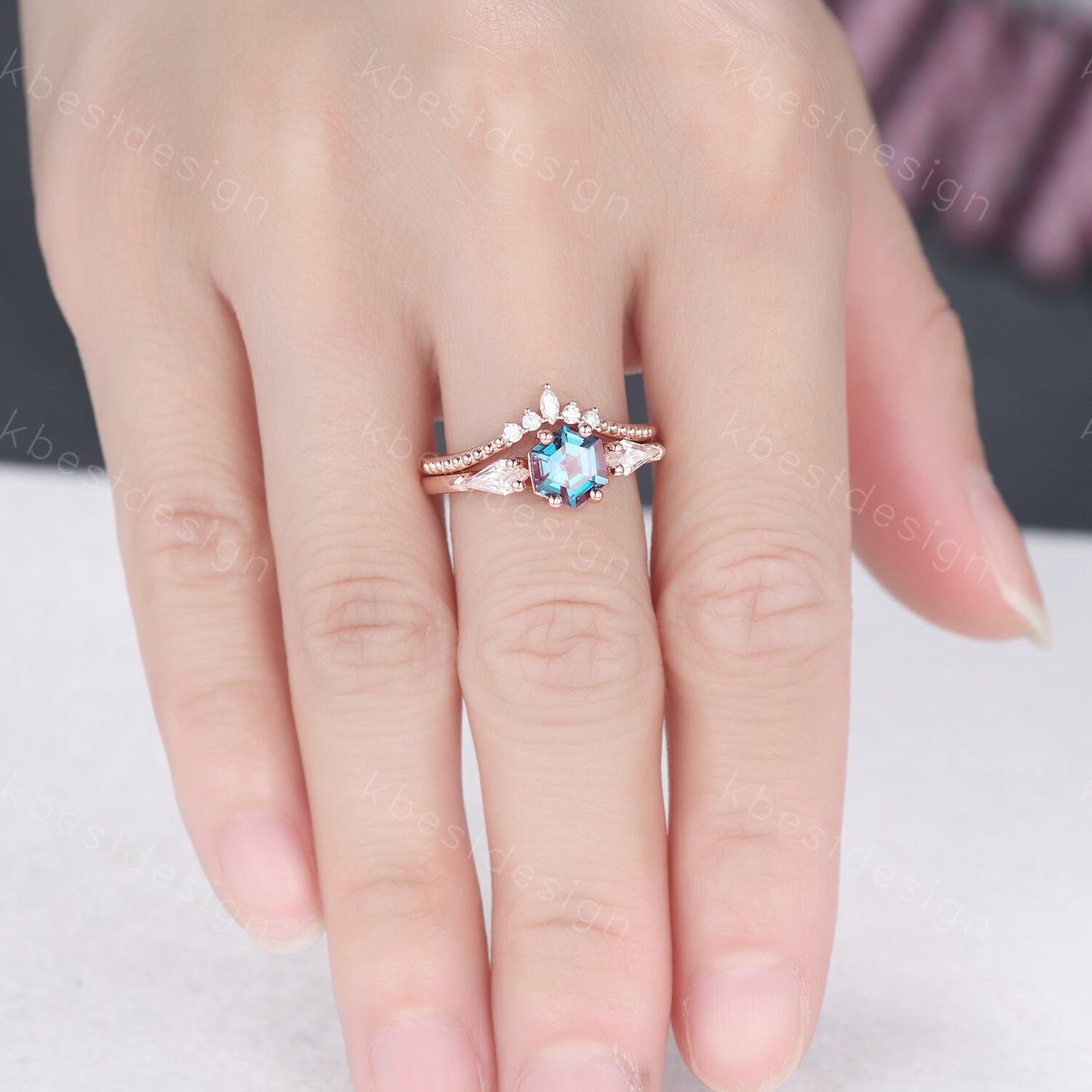 Vintage Hexagon Alexandrite engagement ring set women rose gold ring kite cut Moissanite ring unique Personalized wedding bridal ring set