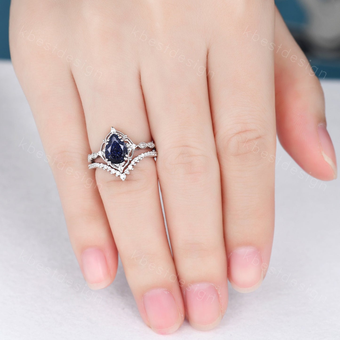 Pear cut blue sandstone engagement ring set white gold art deco stacking band curved moissanite wedding ring set unique bridal promise set
