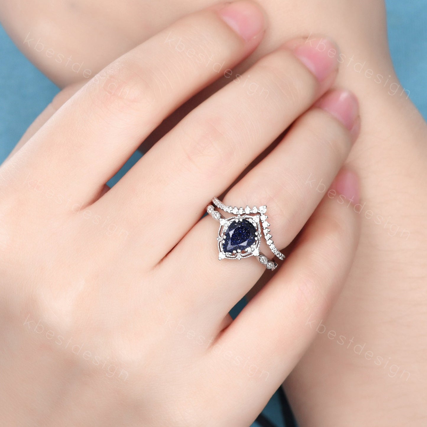 Pear cut blue sandstone engagement ring set white gold art deco stacking band curved moissanite wedding ring set unique bridal promise set