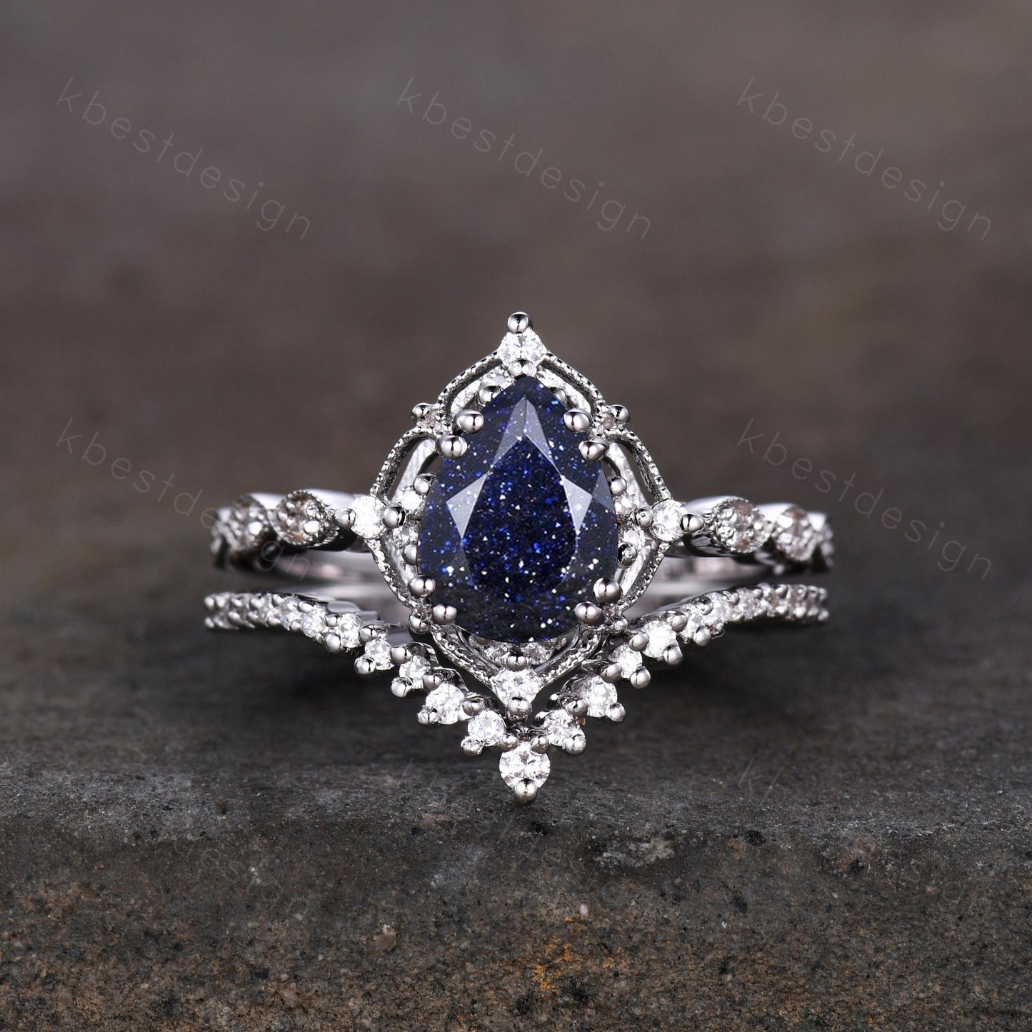 Pear cut blue sandstone engagement ring set white gold art deco stacking band curved moissanite wedding ring set unique bridal promise set