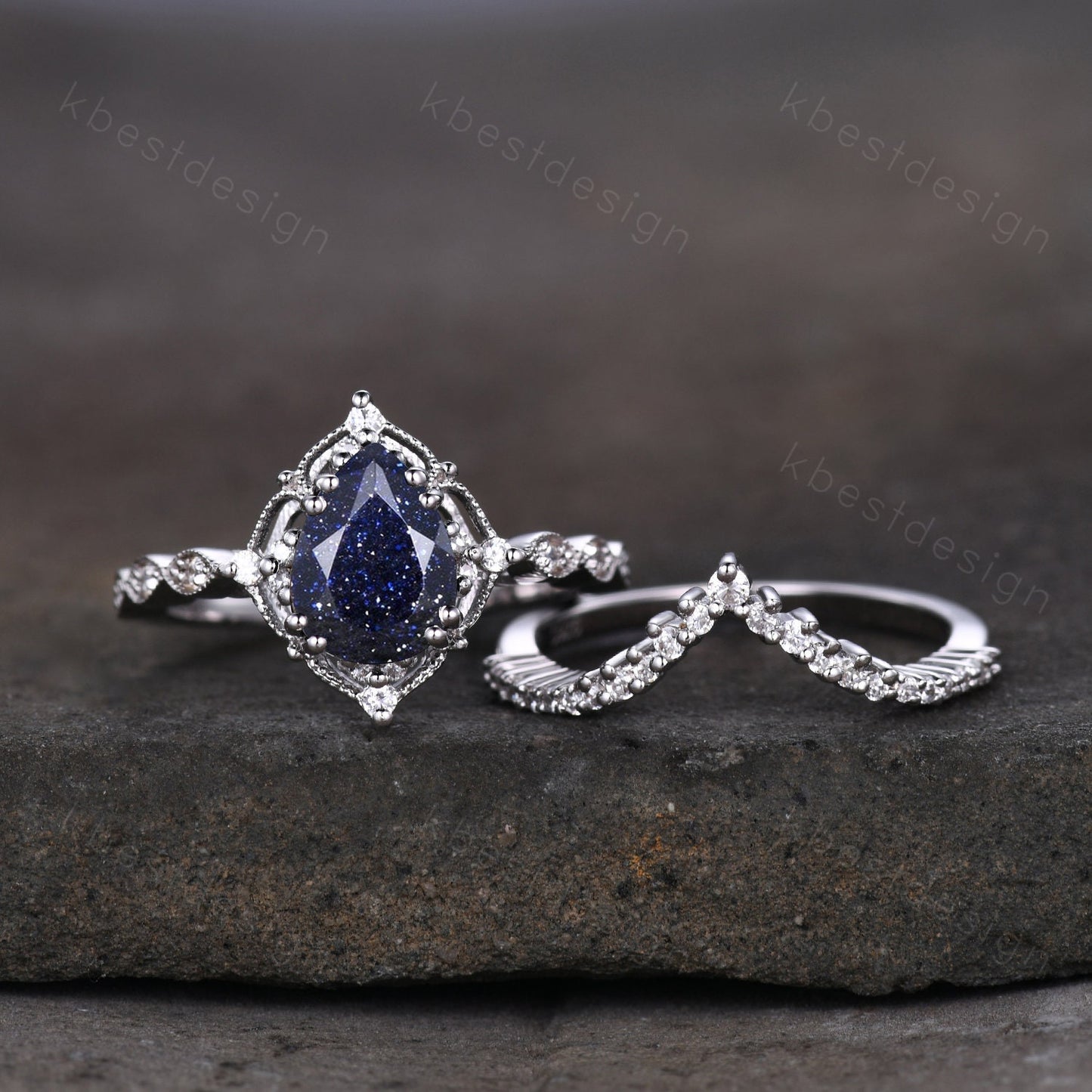 Pear cut blue sandstone engagement ring set white gold art deco stacking band curved moissanite wedding ring set unique bridal promise set