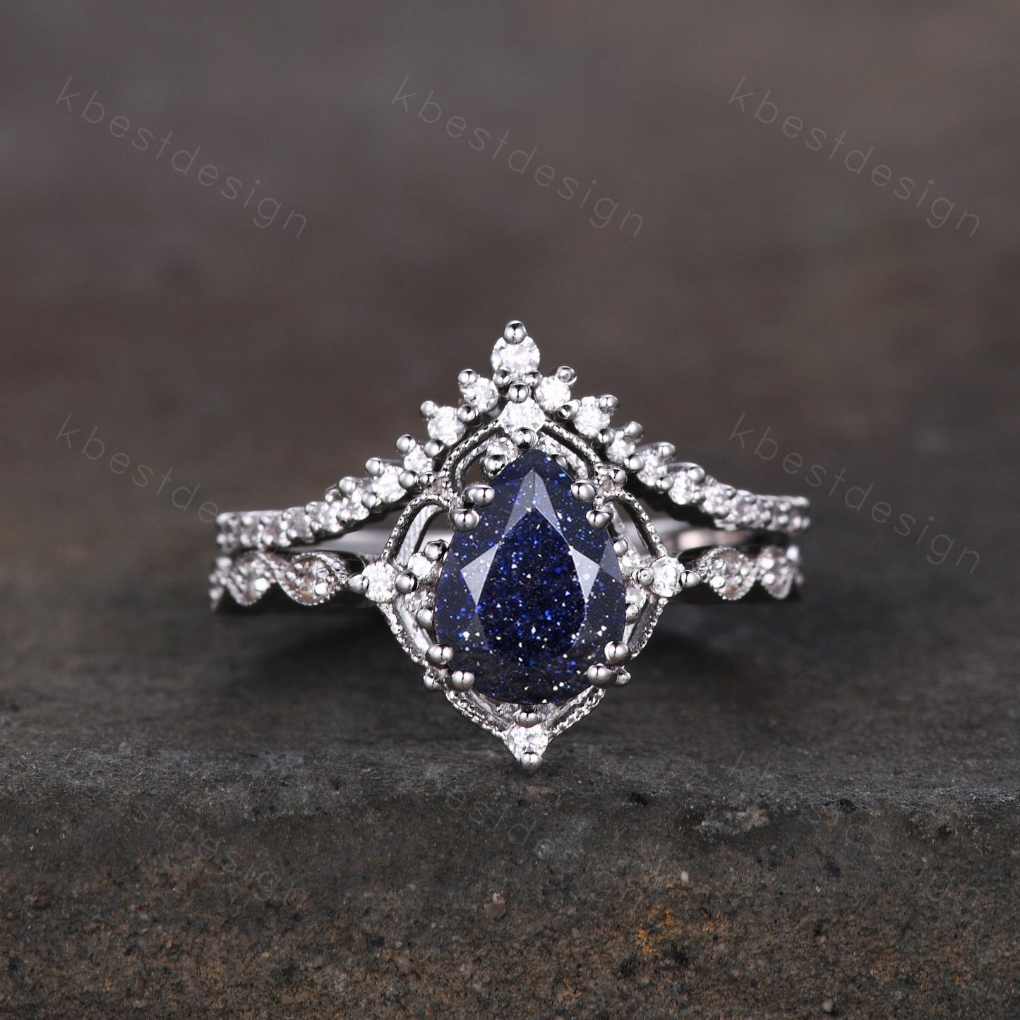 Pear cut blue sandstone engagement ring set white gold art deco stacking band curved moissanite wedding ring set unique bridal promise set
