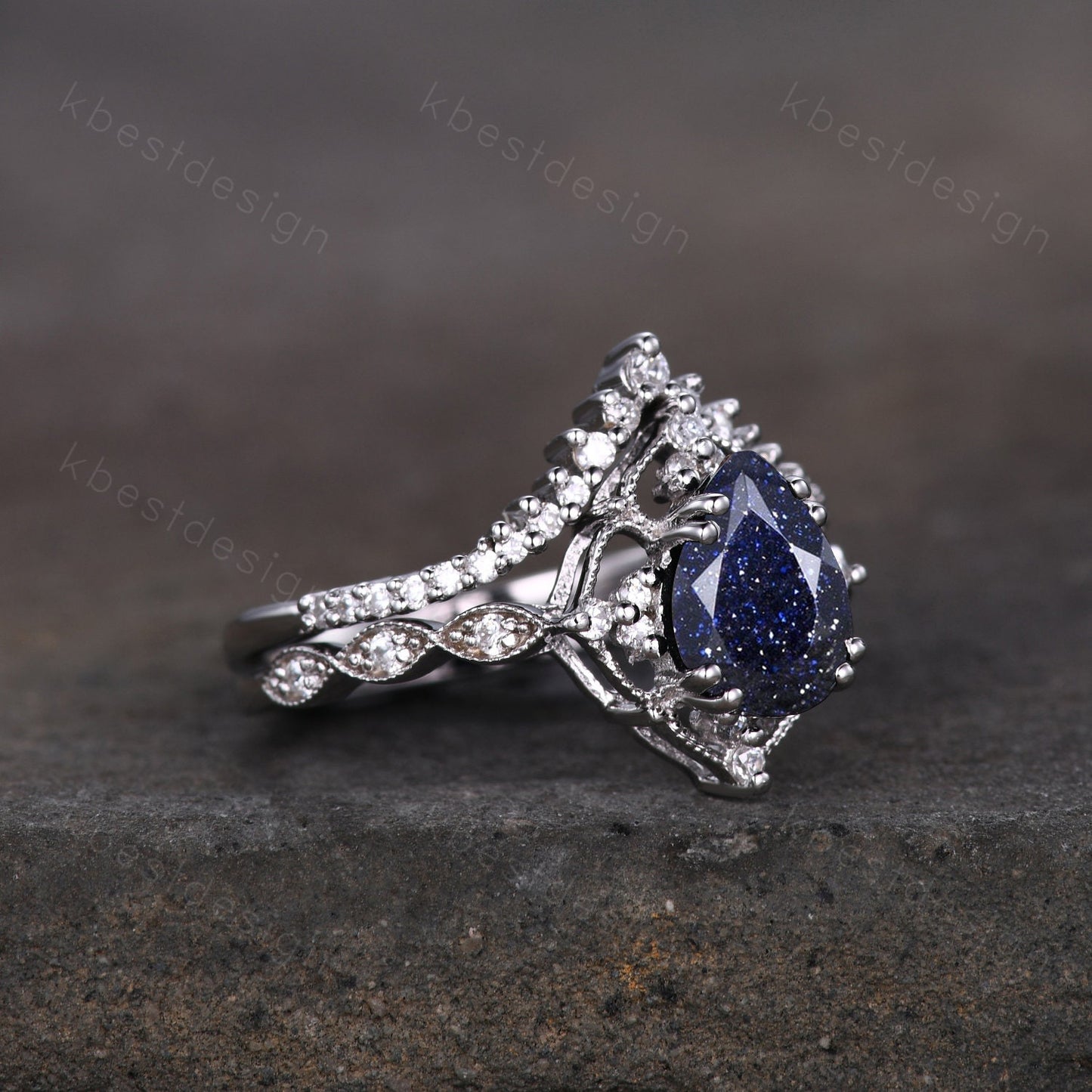 Pear cut blue sandstone engagement ring set white gold art deco stacking band curved moissanite wedding ring set unique bridal promise set