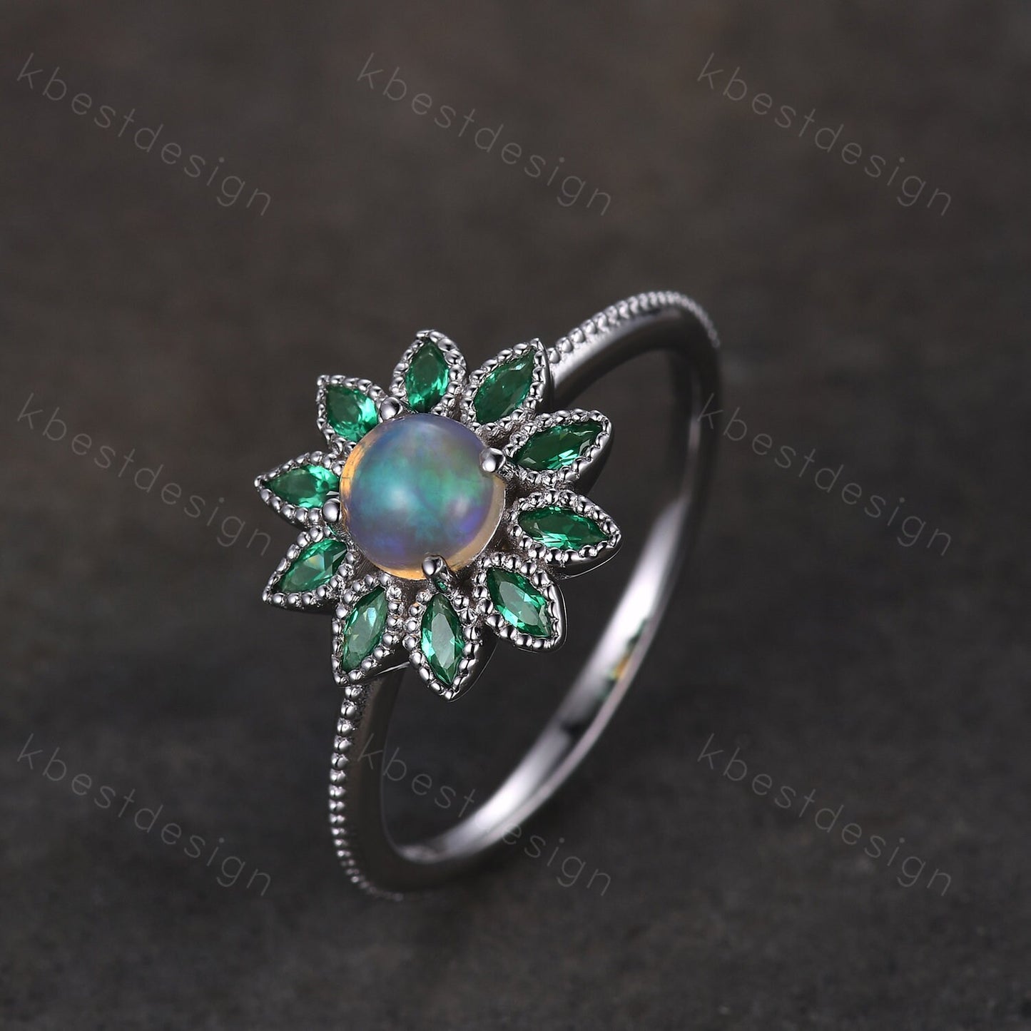 Natural Opal Emerald Engagement Ring Vintage Floral Opal Ring Unique Marquise cut Emerald Wedding Ring October Birthstone Ring Promise Gift