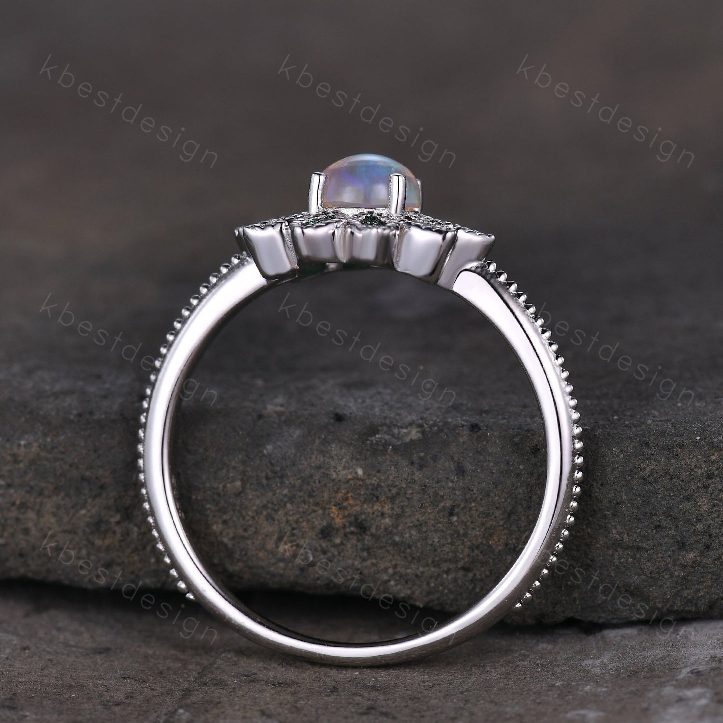 Natural Opal Emerald Engagement Ring Vintage Floral Opal Ring Unique Marquise cut Emerald Wedding Ring October Birthstone Ring Promise Gift