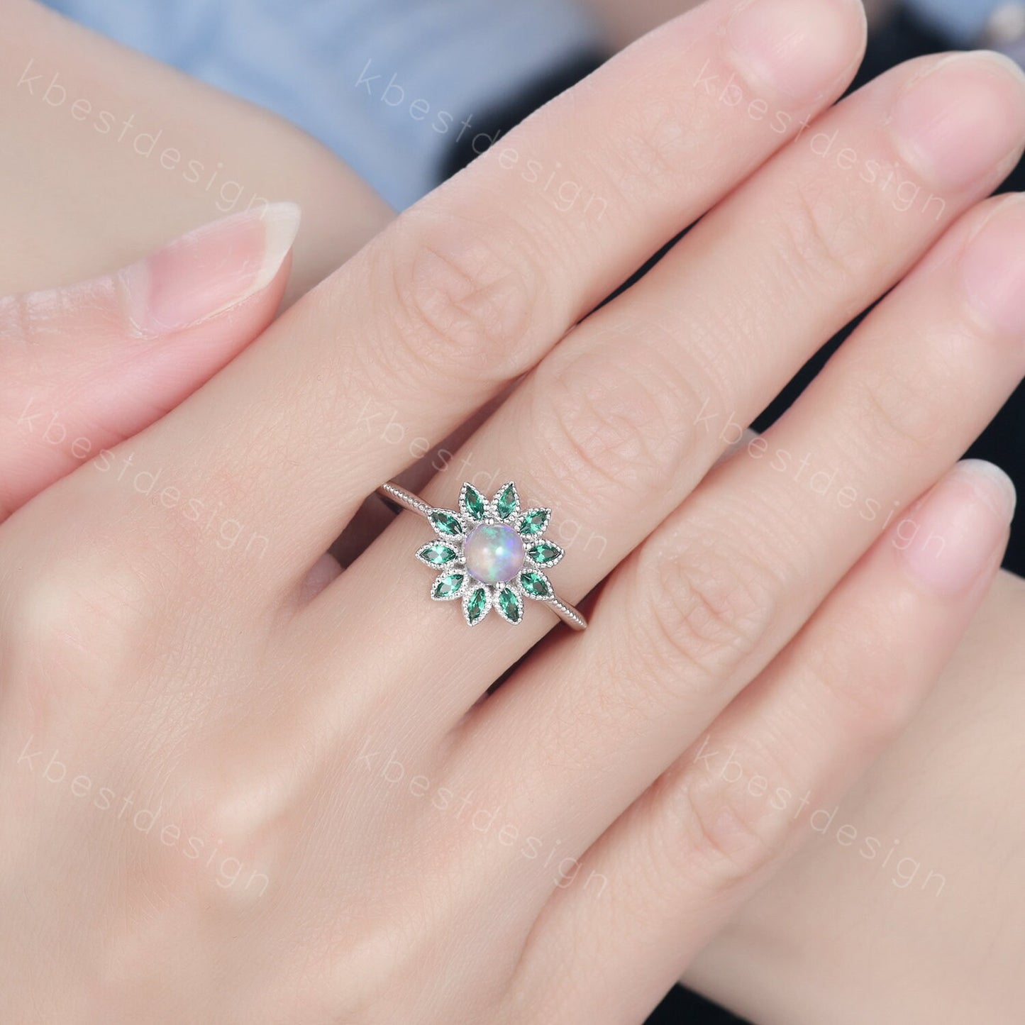 Natural Opal Emerald Engagement Ring Vintage Floral Opal Ring Unique Marquise cut Emerald Wedding Ring October Birthstone Ring Promise Gift