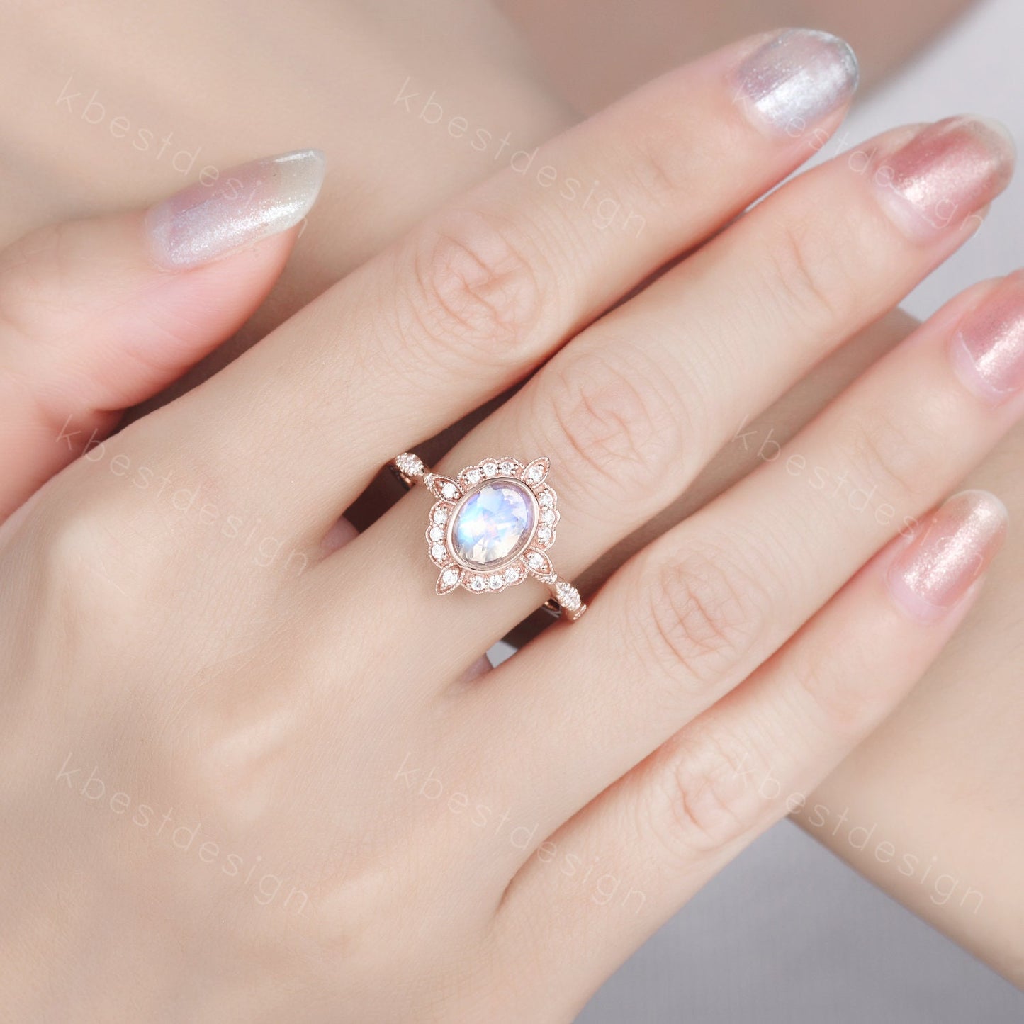 Oval cut Moonstone engagement ring rose gold ring for women vintage unique moissanite wedding ring rainbow moonstone ring Promise ring