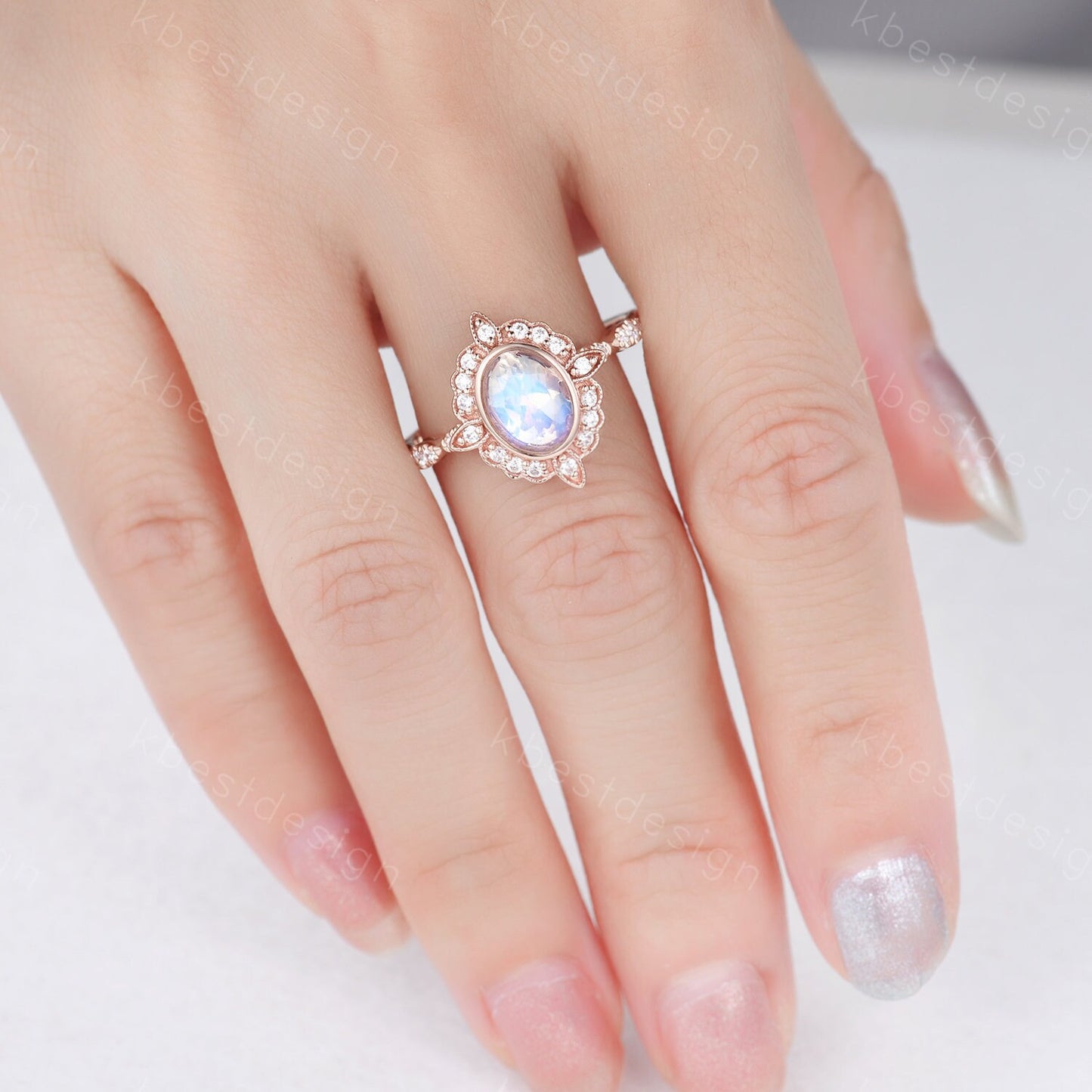 Oval cut Moonstone engagement ring rose gold ring for women vintage unique moissanite wedding ring rainbow moonstone ring Promise ring