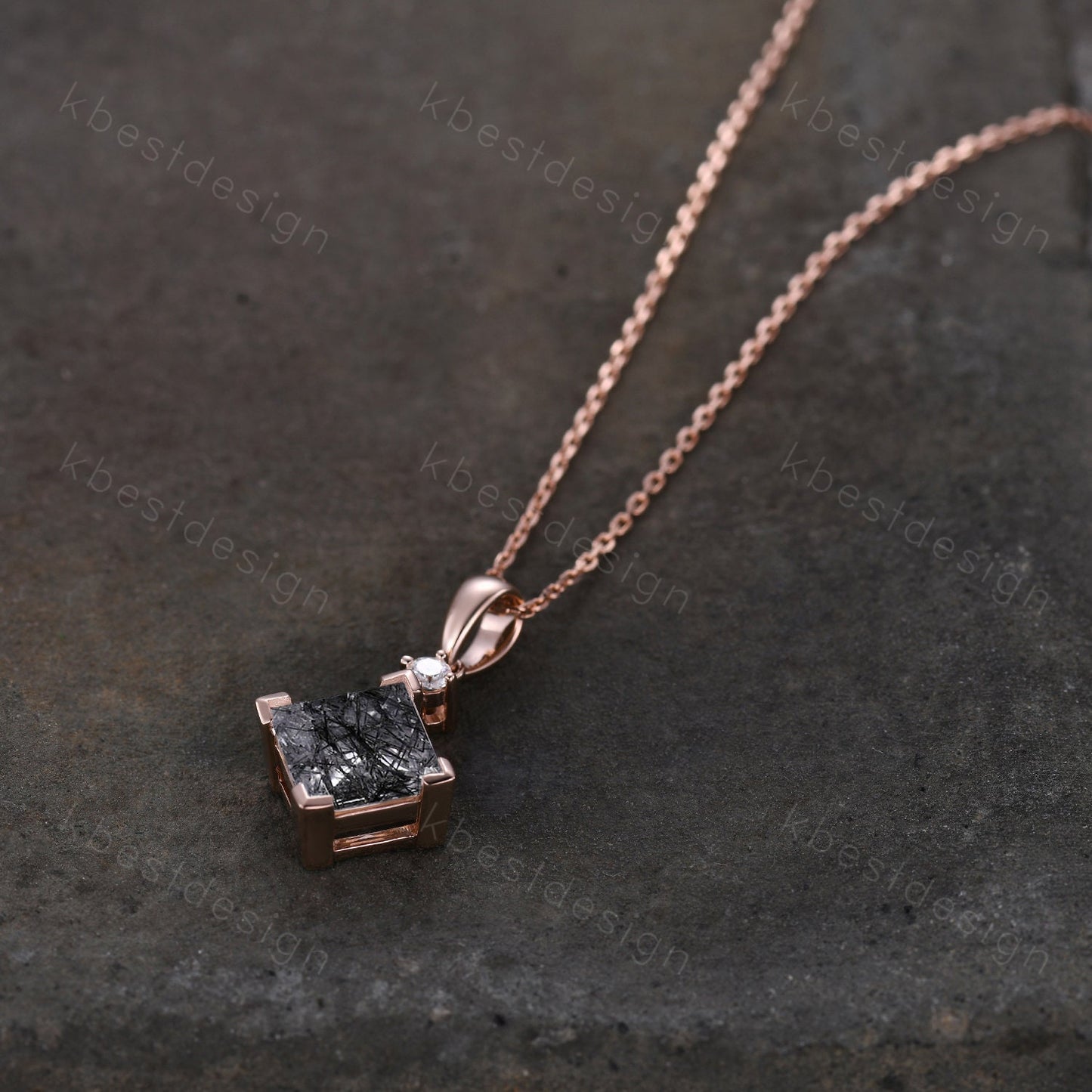 3CT Princess Cut Natural Black Rutilated Quartz Necklace 14K Rose Gold Unique Black Gemstone Pendant Women Vintage Personalized Promise Gift