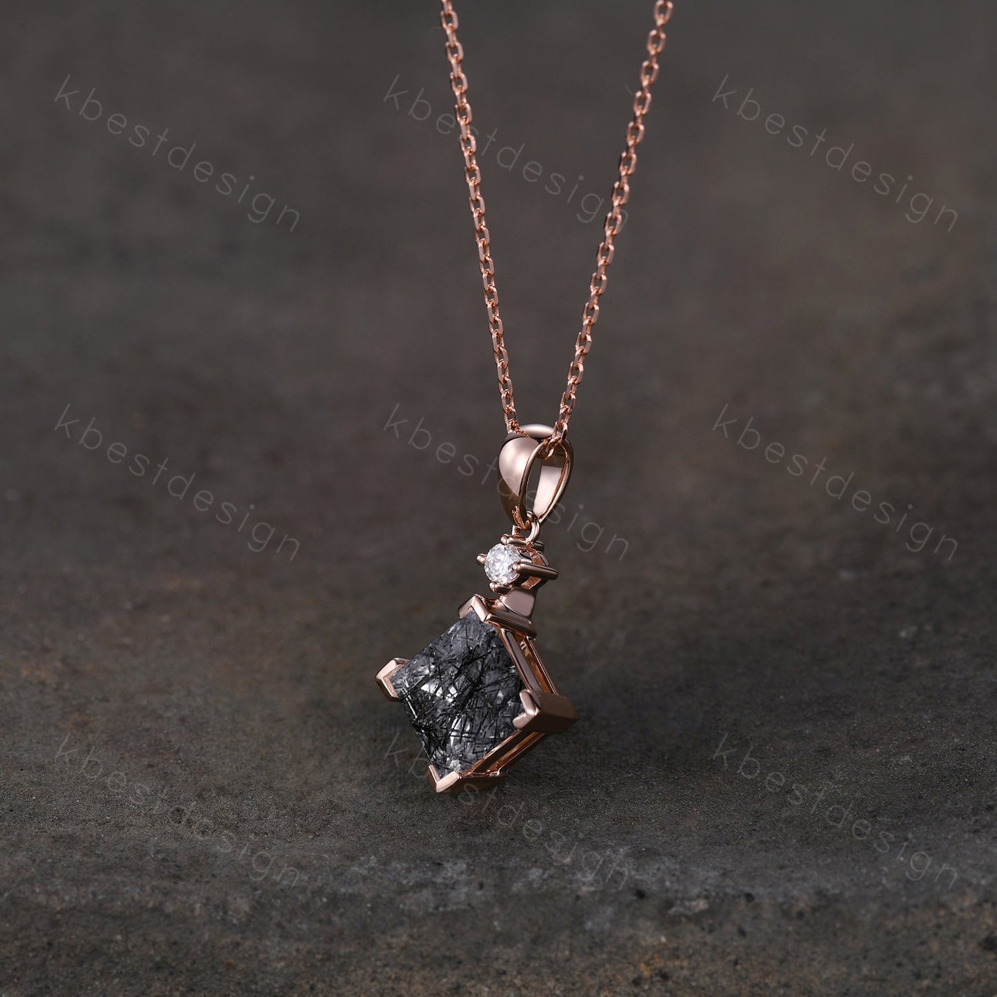 3CT Princess Cut Natural Black Rutilated Quartz Necklace 14K Rose Gold Unique Black Gemstone Pendant Women Vintage Personalized Promise Gift