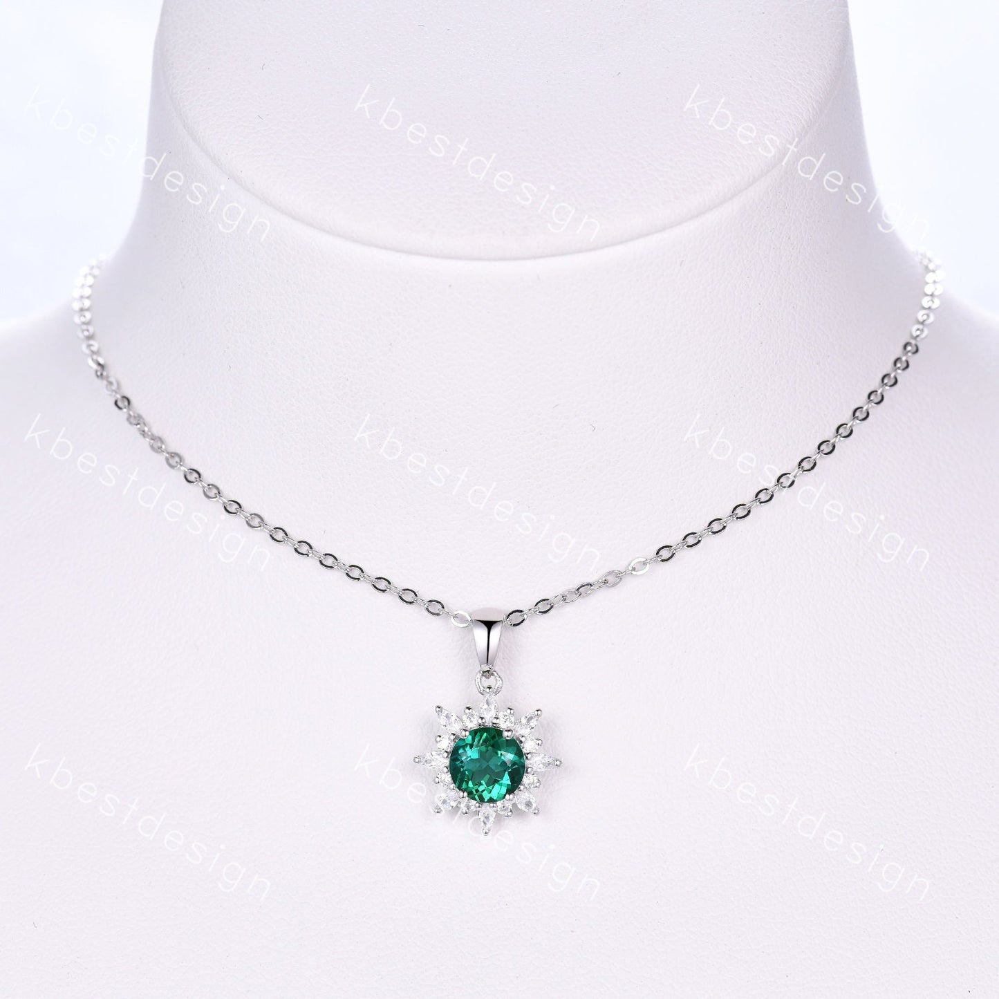 Round cut green emerald necklace solid 14k 18k white gold vintage unique Personalized pendant women moissanite anniversary bridal gift