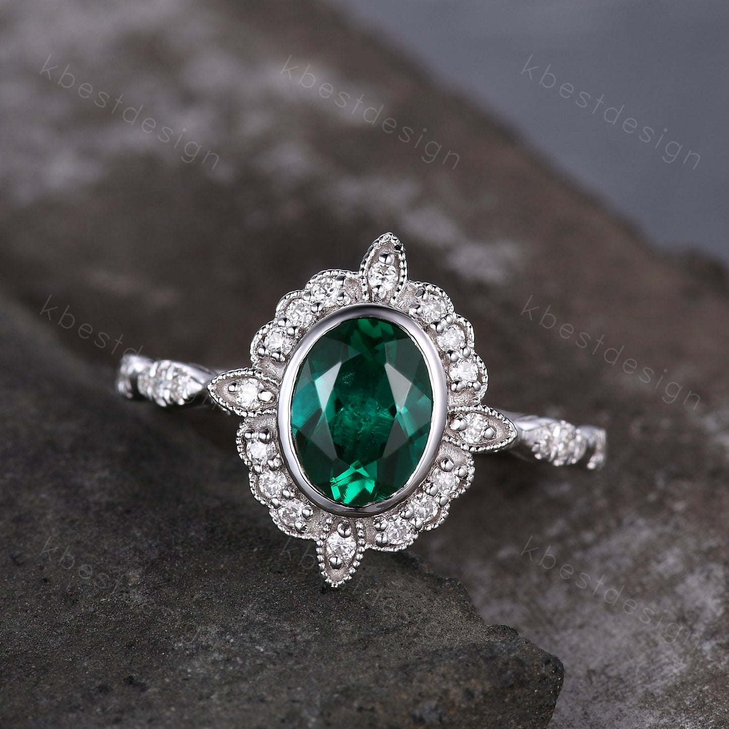 Vintage oval cut green emerald ring white gold unique emerald engagement ring antique milgrain moissanite wedding ring bridal promise ring