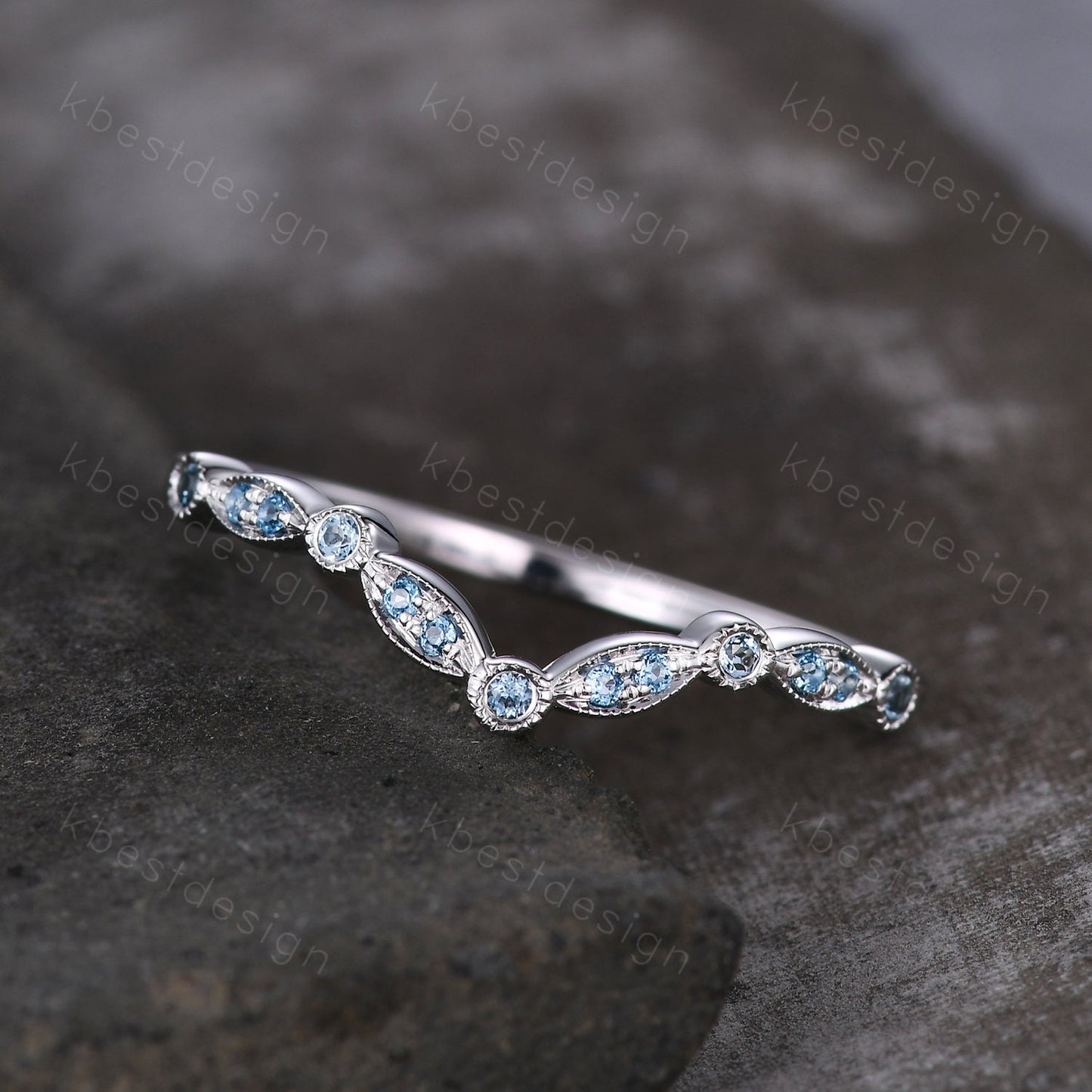 Curved Half Eternity Blue Topaz Wedding Ring Blue Gemstone Band Silver Ring Art Deco Stacking Matching Band Dainty Anniversary Gift