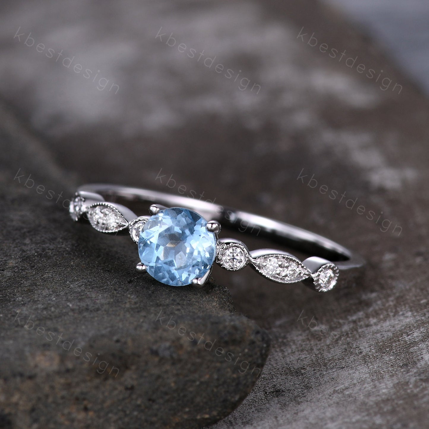 Dainty 5mm round cut blue topaz ring silver art deco blue topaz engagement ring unique moissanite wedding ring for women promise ring
