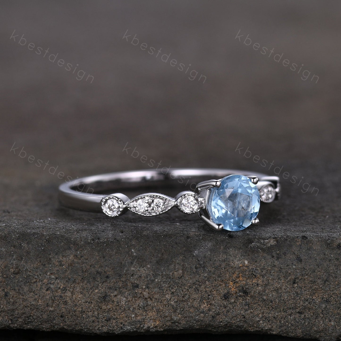 Dainty 5mm round cut blue topaz ring silver art deco blue topaz engagement ring unique moissanite wedding ring for women promise ring