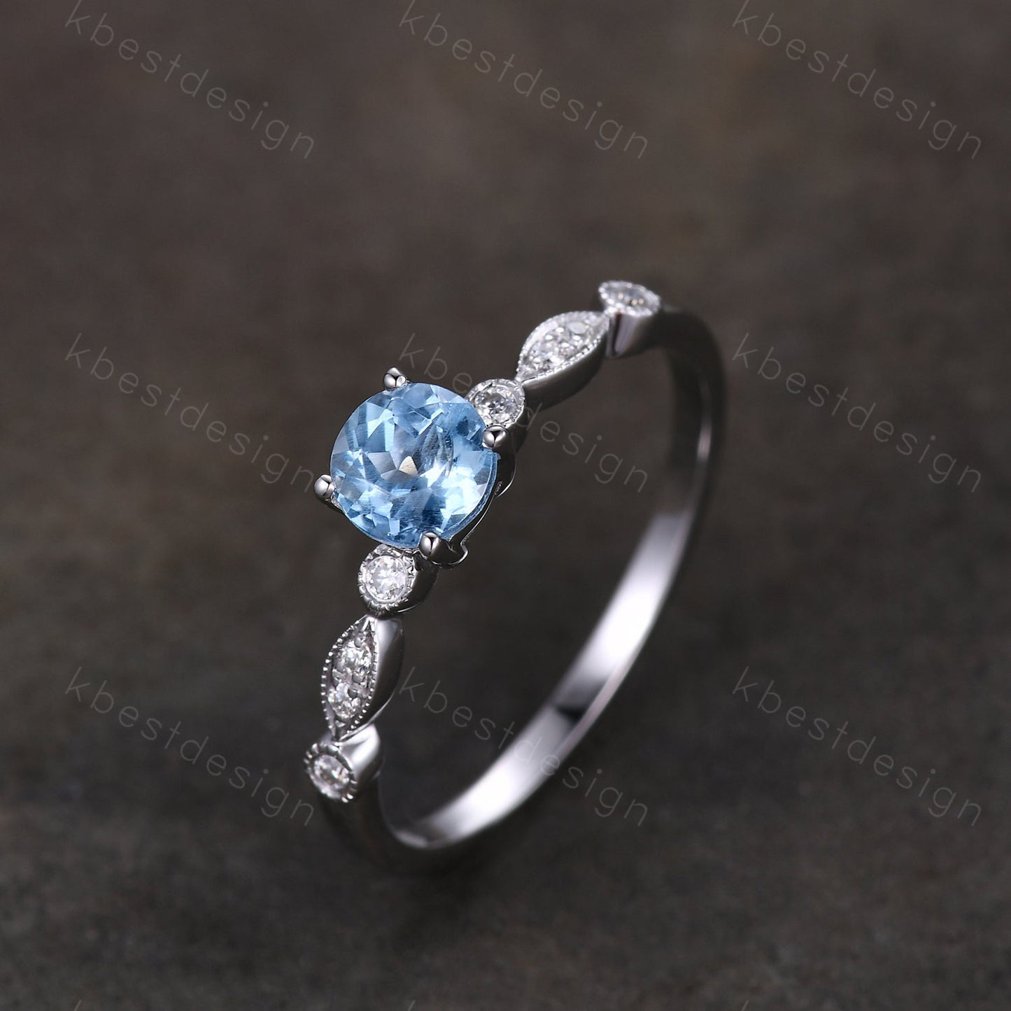 Dainty 5mm round cut blue topaz ring silver art deco blue topaz engagement ring unique moissanite wedding ring for women promise ring