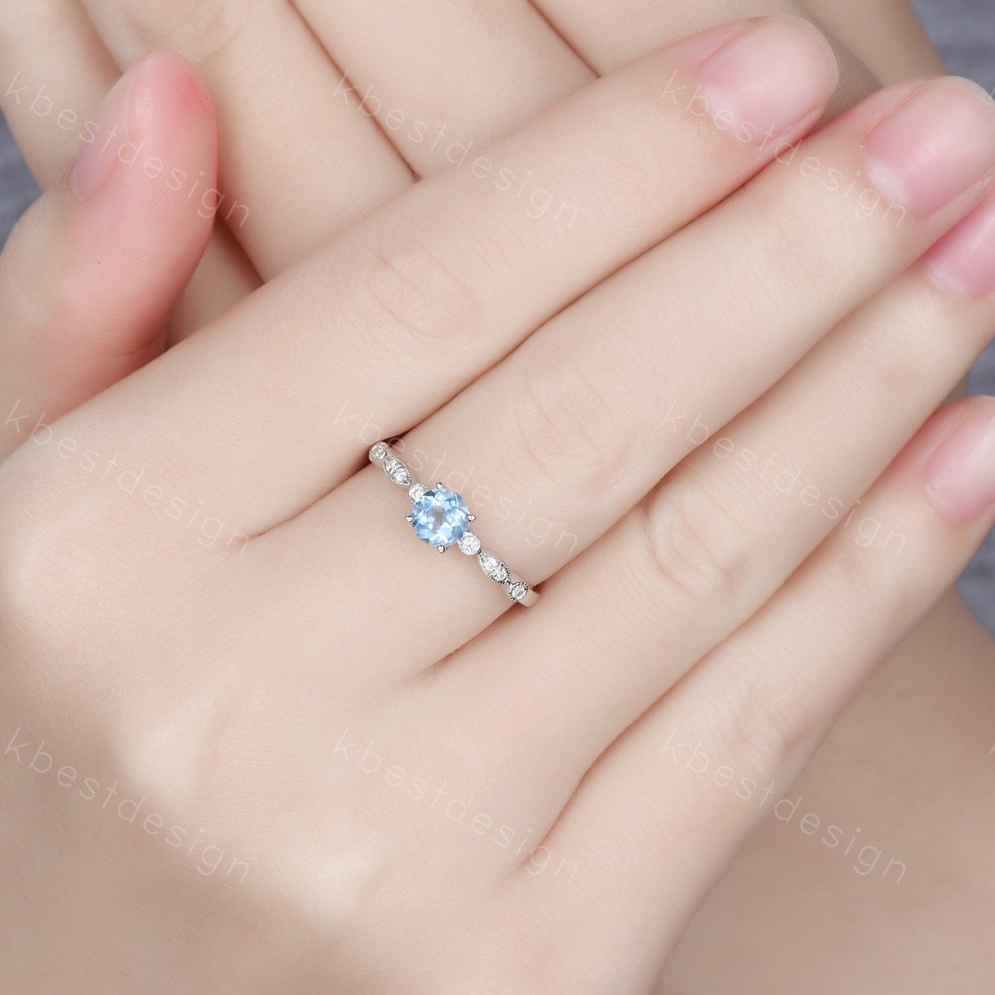 Dainty 5mm round cut blue topaz ring silver art deco blue topaz engagement ring unique moissanite wedding ring for women promise ring