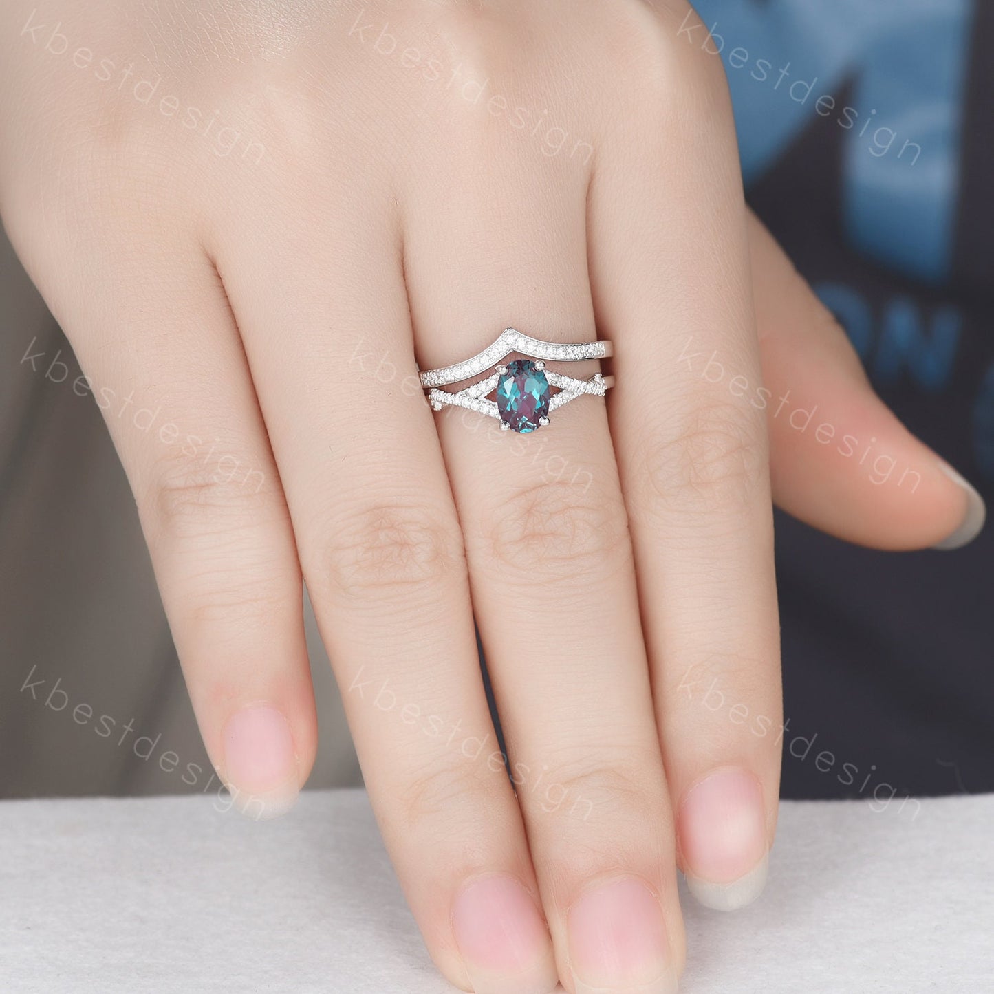 Oval cut Alexandrite bridal ring set vintage unique Alexandrite engagement ring curved moissanite ring set for women silver ring
