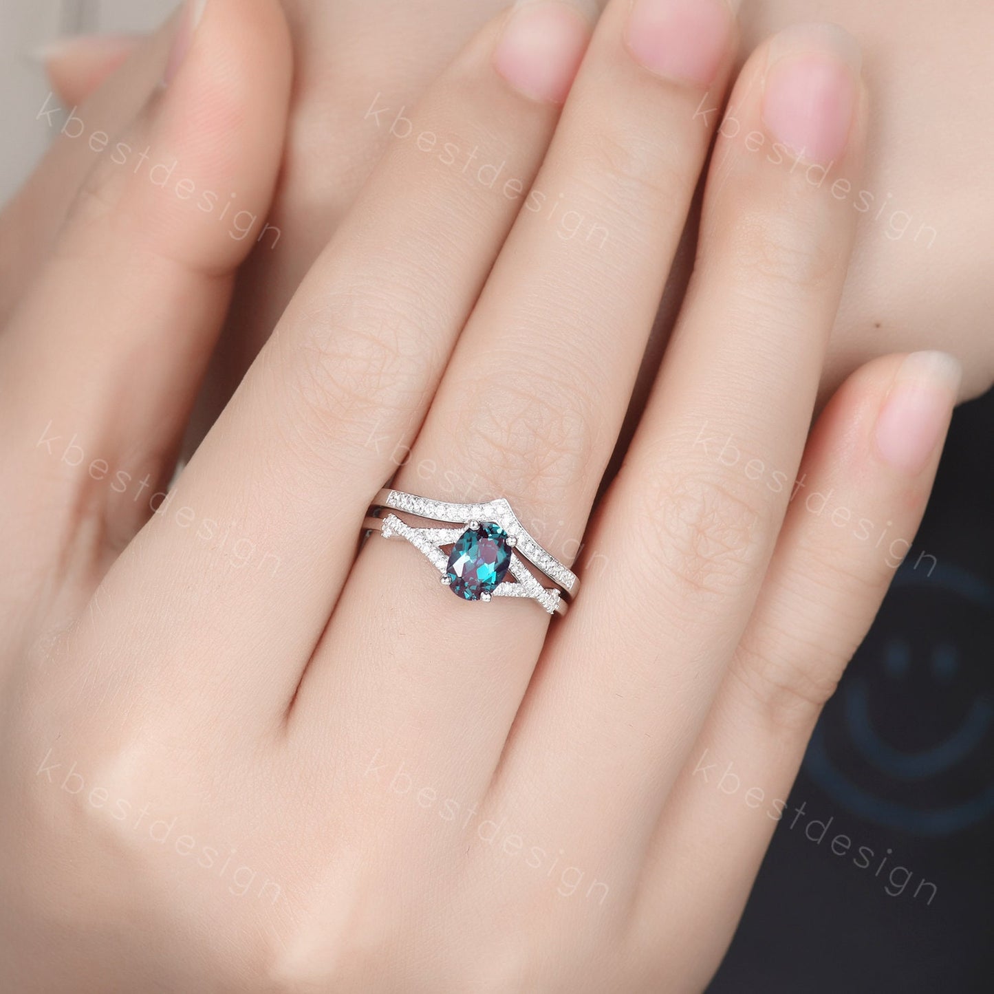 Oval cut Alexandrite bridal ring set vintage unique Alexandrite engagement ring curved moissanite ring set for women silver ring