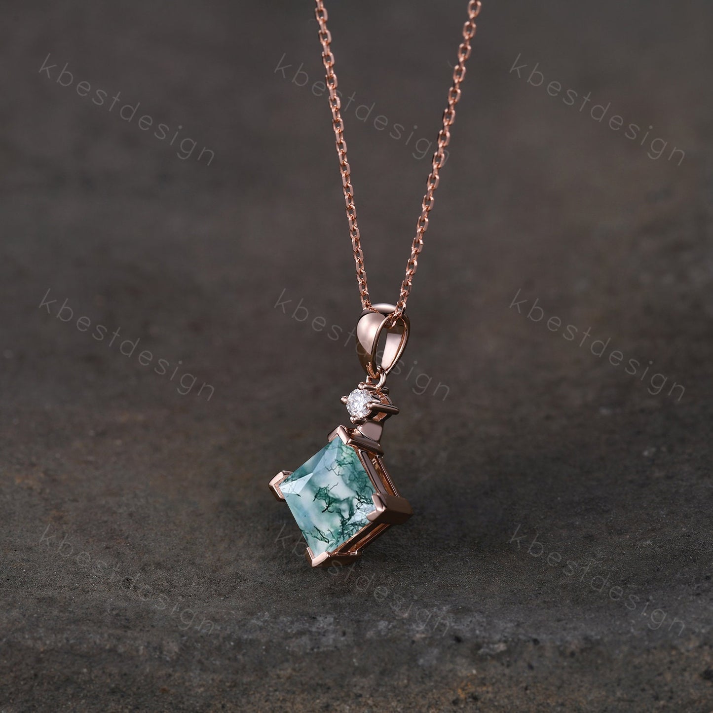 Princess cut natural moss agate necklace solid 14k rose gold vintage unique green gemstone pendant for women anniversary bridal gift