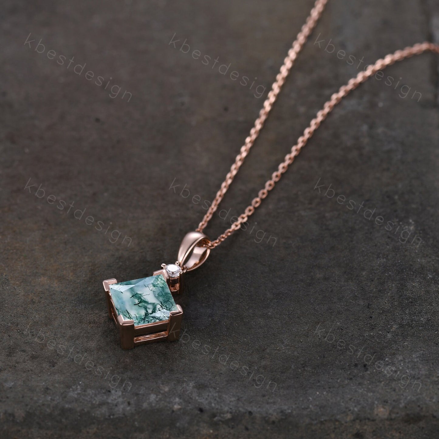 Princess cut natural moss agate necklace solid 14k rose gold vintage unique green gemstone pendant for women anniversary bridal gift