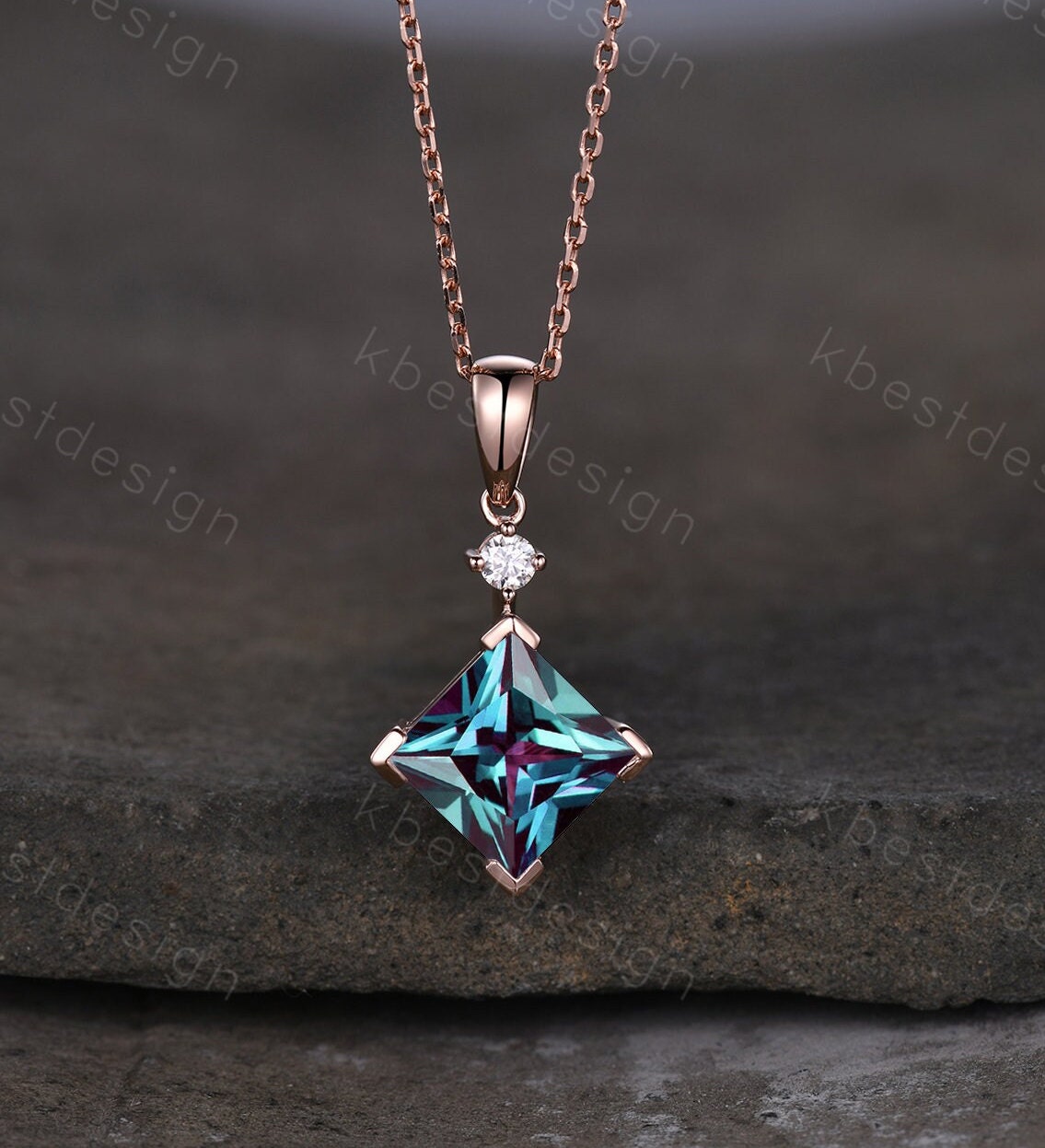 3CT Lab Alexandrite Necklace, Unique Princess cut Pendant, Vintage Rose Gold Necklace, Alexandrite Silver Pendant, June Birthstone necklace