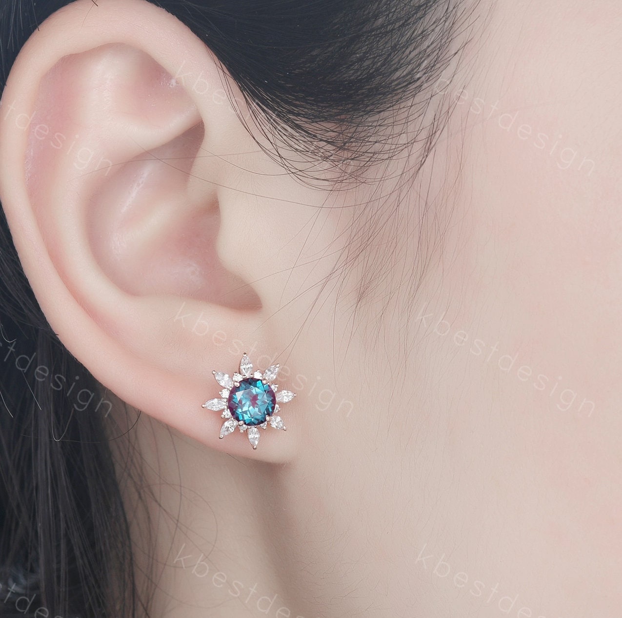 Vintage Alexandrite Earrings, Studs for woman, Rose Gold Stud earrings, June Birthstone Jewelry, Anniversary Gift